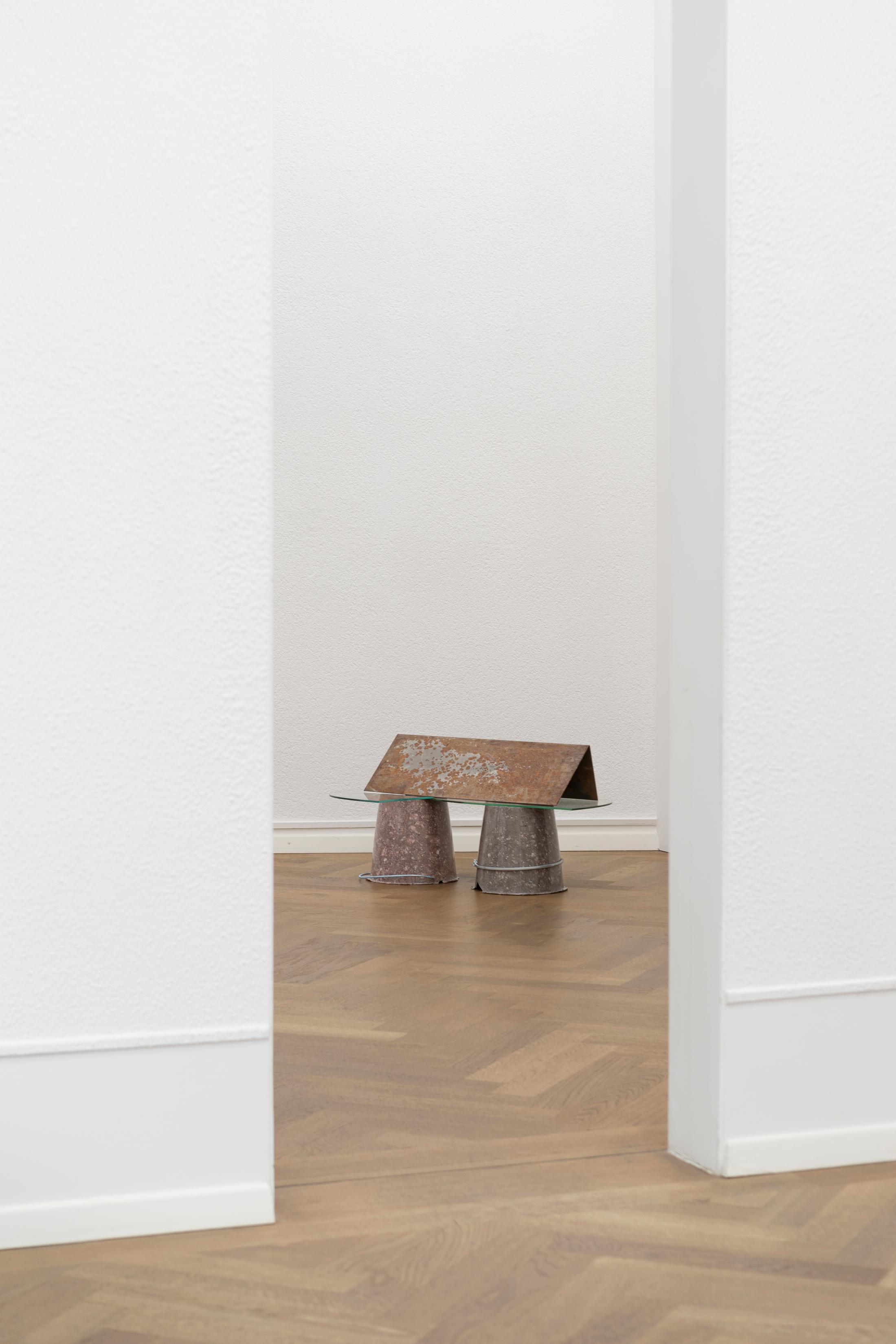 Exhibition View Solo Show Julia Znoj «BASS MY TRESPASS ; view on Untitled (a lab in the world), 2025, Buckets, steel, water, print, water, 64 x 90 x 44 cm» at Krone Couronne, Biel/Bienne, 2025 / Photo: Michal Schorro / Courtesy: the artist and Krone Couronne