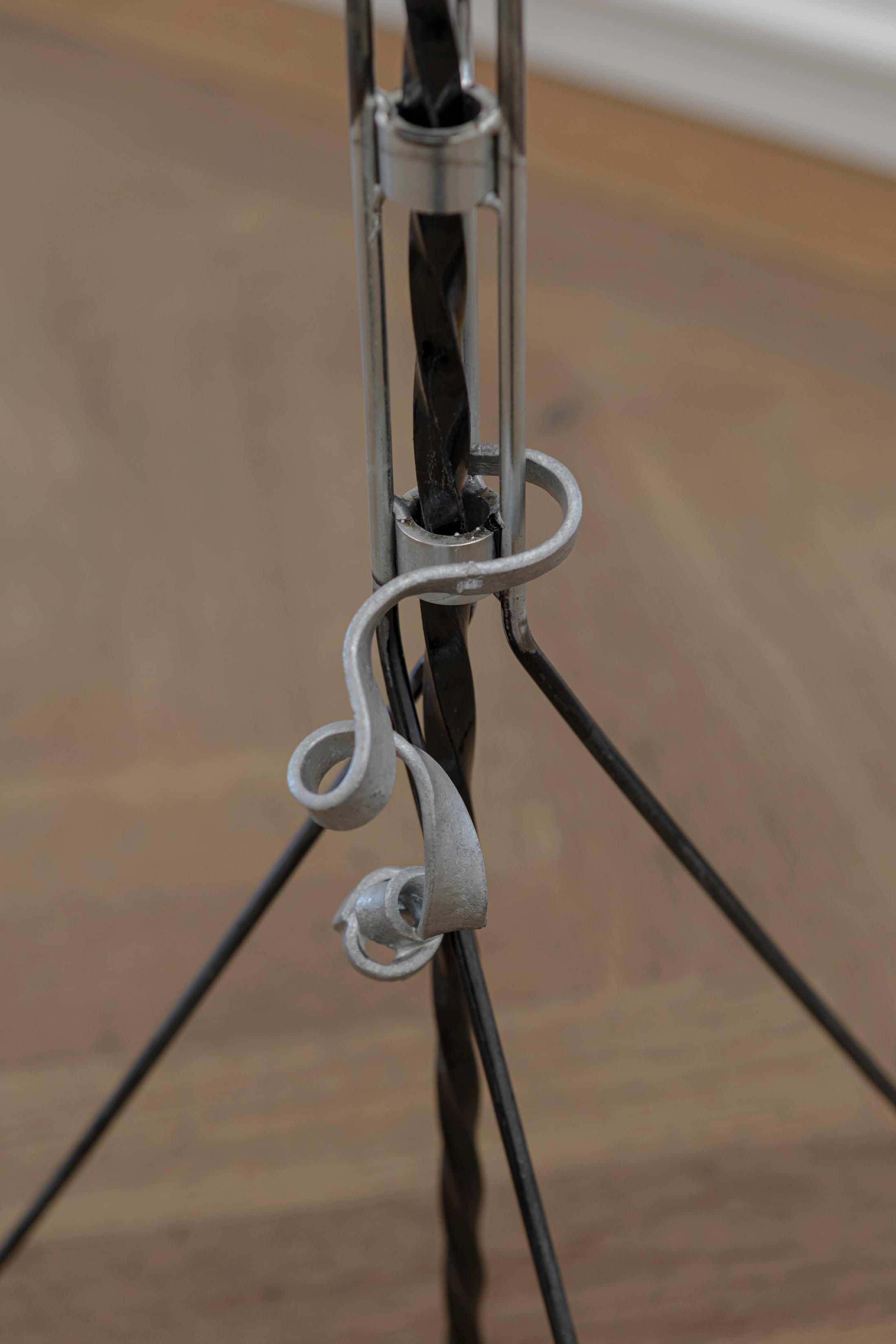 Exhibition View Solo Show Julia Znoj «BASS MY TRESPASS ; view on Night bird struck again (detail), 2025, Steel, found objects, rust converter, 140 x 52 x 108 cm» at Krone Couronne, Biel/Bienne, 2025 / Photo: Michal Schorro / Courtesy: the artist and Krone Couronne