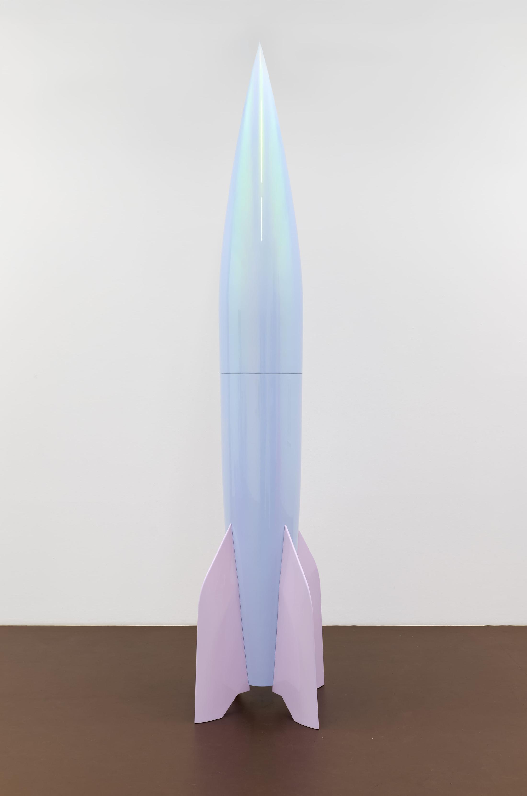 Exhibition View Group Show with Leyla Faye, Sylvie Fleury, Pamela Rosenkranz, Markus Oehlen, Jasmine Gregory, Akeem Smith ; view on Sylvie Fleury , First Spaceship on Venus (Shell Mate), 2023 , Fiberglass, car paint, 380 x 94 x 94 cm  , at Karma International, Zürich, 2025 / Photo: Flavio Karrer / Courtesy : the artists and Karma International