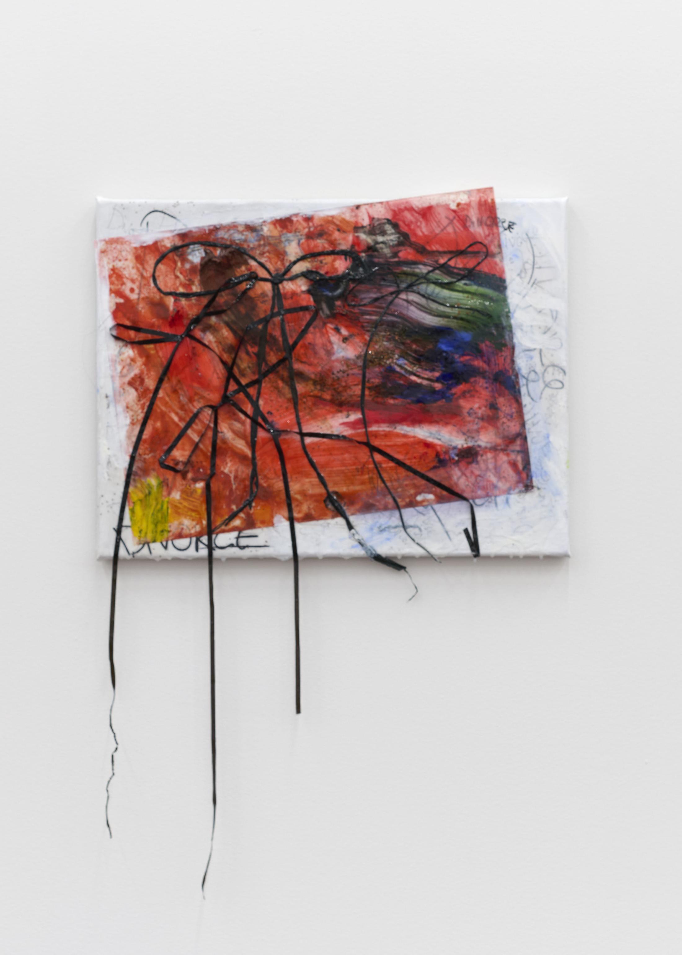 Exhibition View Group Show with Leyla Faye, Sylvie Fleury, Pamela Rosenkranz, Markus Oehlen, Jasmine Gregory, Akeem Smith ; view on Jasmine Gregory , Not yet titled, 2024 , Mixed media on canvas , 37 x 49 cm  , at Karma International, Zürich, 2025 / Photo: Flavio Karrer / Courtesy : the artists and Karma International