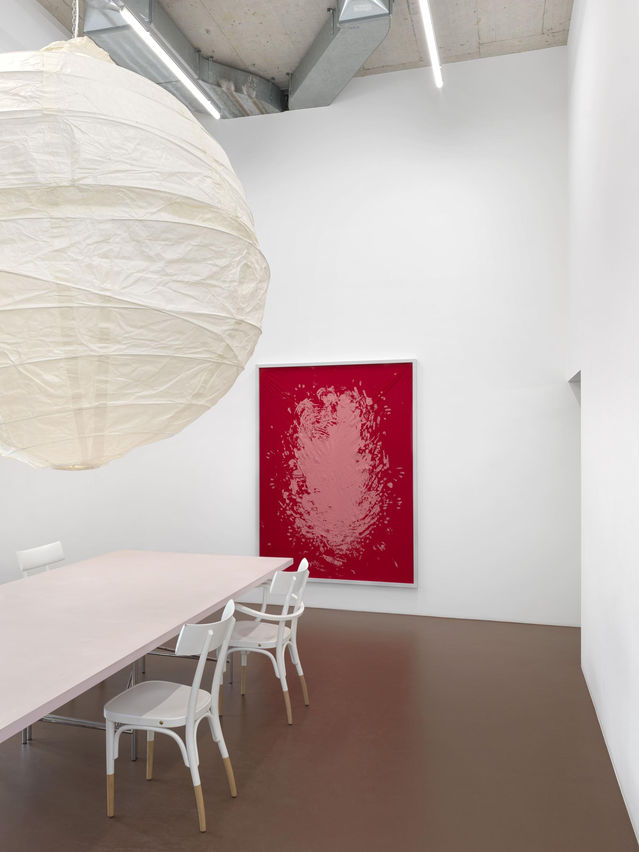 Exhibition View Group Show with Leyla Faye, Sylvie Fleury, Pamela Rosenkranz, Markus Oehlen, Jasmine Gregory, Akeem Smith ; view on Mélanie Matranga,  Fortune Light, 2015 , Paper lamp, 170 x 200 cm ; Pamela Rosenkranz, Not yet titled, 2024, Acrylic on spandex , 200 x 150 cm, at Karma International, Zürich, 2025 / Photo: Annik Wetter / Courtesy : the artists and Karma International