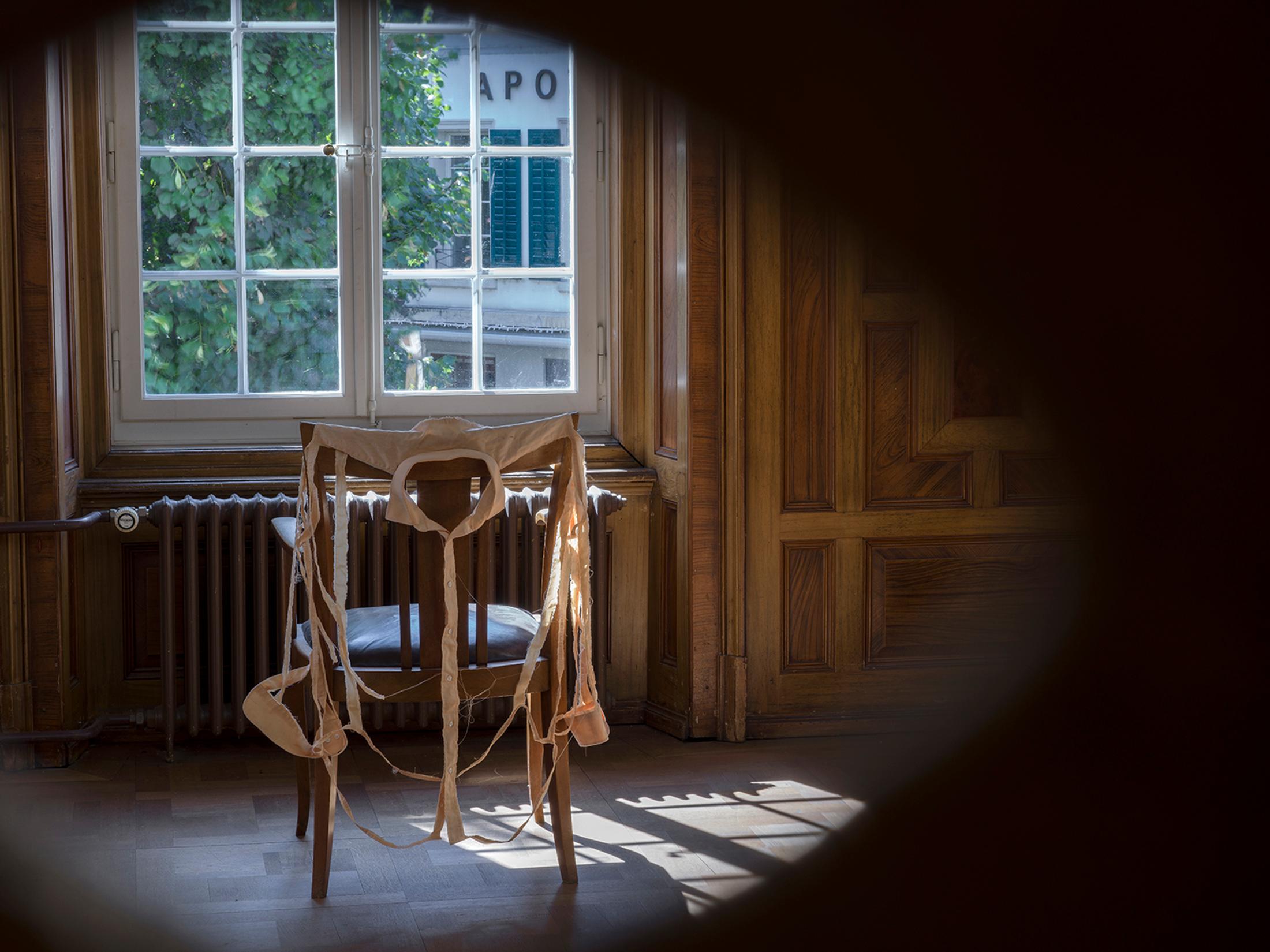 Exhibition View Solo Show Lou Masduraud «What Cracks?; view on Lou Masduraud, view through Who are you? (Vulnerable), 2024» at Kunsthaus Langenthal, Langenthal, 2024 / Photo: Cedric Mussano / Courtesy: The artist and Kunsthaus Langenthal