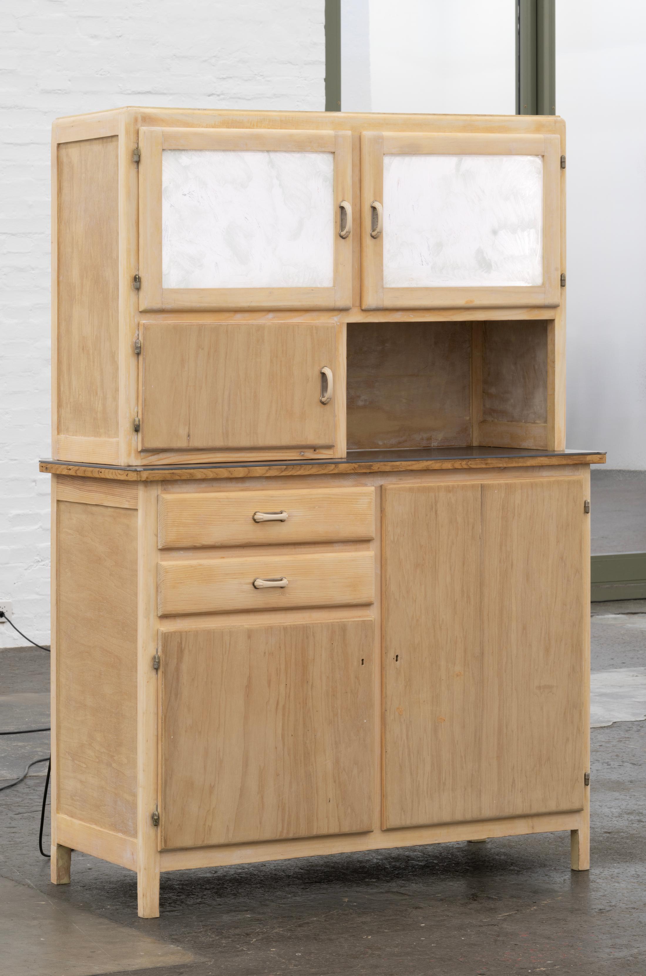 Exhibition View Solo Show Marta Margnetti «Serenata; view on Marta Margnetti, Autoritratto con mamma (credenza), 2024» at Kunst Halle Sankt Gallen, St. Gallen, 2024 / Photo: E. Sommer / Courtesy: The artist and Kunst Halle Sankt Gallen