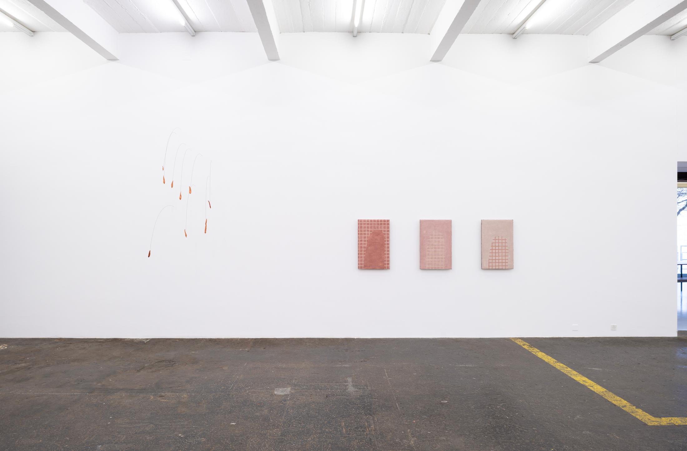 Exhibition View Solo Show Marta Margnetti «Serenata; view on Marta Margnetti, Wisteria Drops, 2024 (left); Homeplace placeholder, 2023 (right)» at Kunst Halle Sankt Gallen, St. Gallen, 2024 / Photo: E. Sommer / Courtesy: The artist and Kunst Halle Sankt Gallen