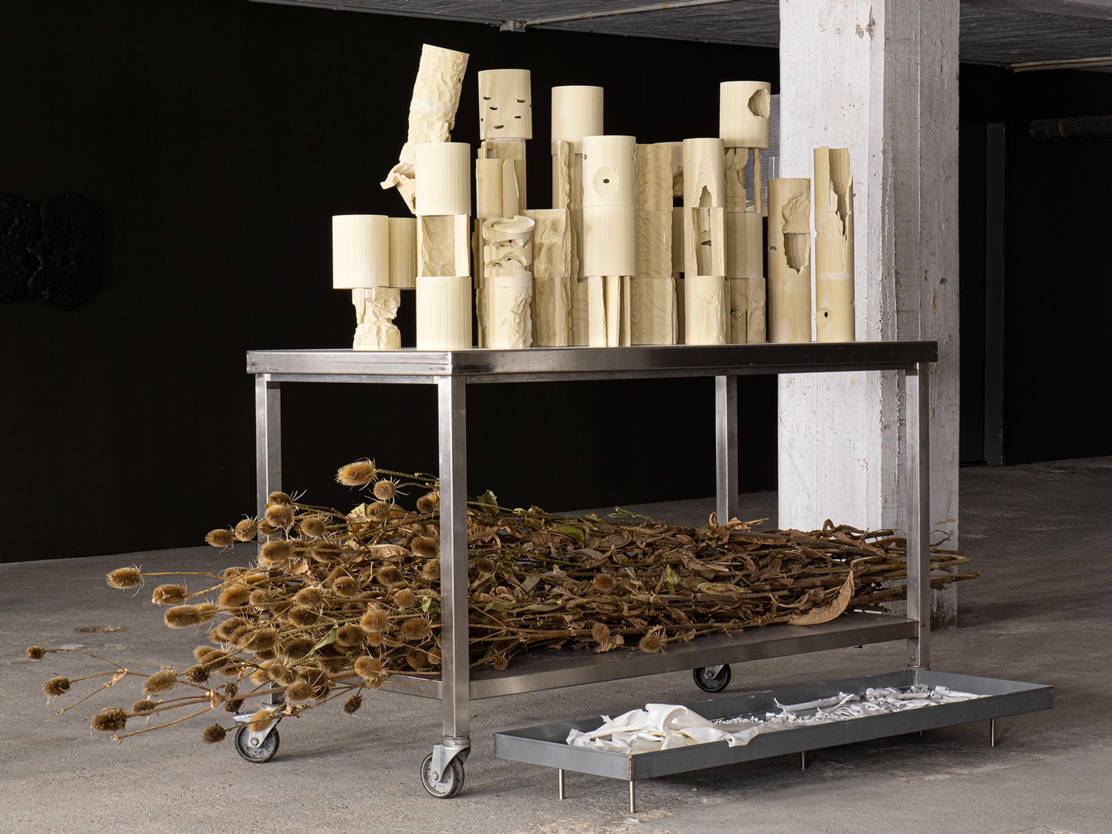 Exhibition View Double Show Martin Andereggen «Self Storage ; view on Hard Soup (Montessori deschooling exercises – tube and container – what falls through, what stays put) , 160 x 250 x 120 cm, 2024 (ongoing series)» and Martin Spühler «Kosmos» at Kunstraum Kreuzlingen, Kreuzlingen, 2024-2025 / Photo: Martin Andereggen / Courtesy: the artists and Kunstraum Kreuzlingen