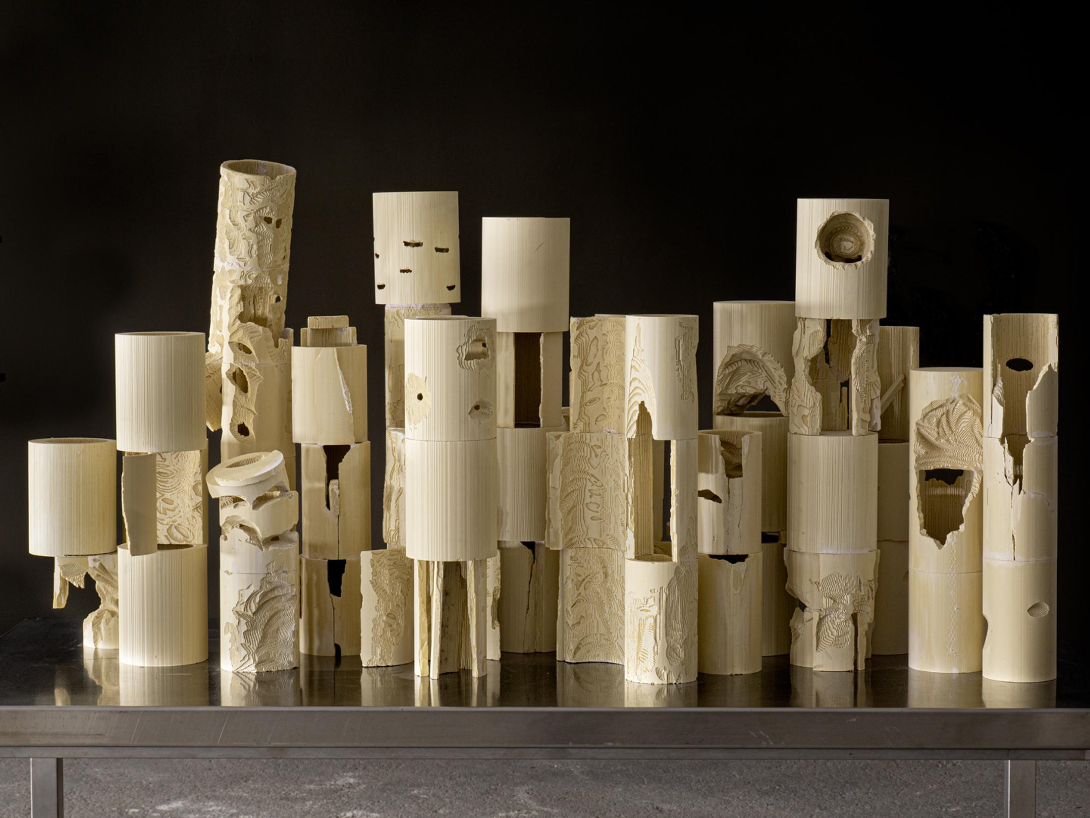 Exhibition View Double Show Martin Andereggen «Self Storage ; view on Hard Soup (Montessori deschooling exercises – tube and container – what falls through, what stays put) , 160 x 250 x 120 cm, 2024 (ongoing series)» and Martin Spühler «Kosmos» at Kunstraum Kreuzlingen, Kreuzlingen, 2024-2025 / Photo: Martin Andereggen / Courtesy: the artists and Kunstraum Kreuzlingen