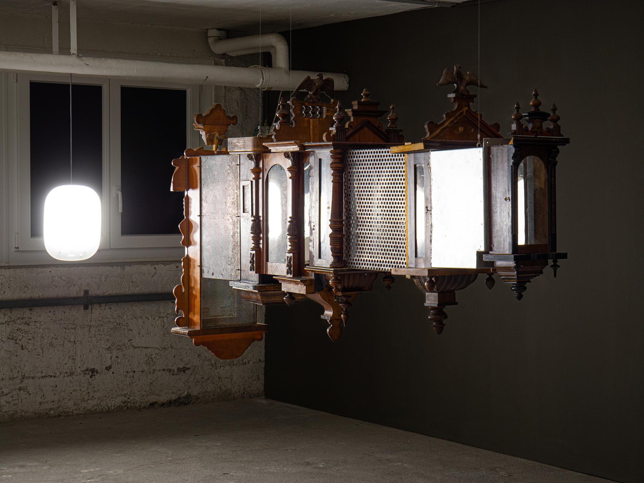 Exhibition View Double Show Martin Andereggen «Self Storage ; view on Do not knock! Six isolated prototypical situations for an ever-morphing labyrinth ; A: Corridor, 93 × 180 × 38 cm, mixed materials, 2024» and Martin Spühler «Kosmos» at Kunstraum Kreuzlingen, Kreuzlingen, 2024-2025 / Photo: Martin Andereggen / Courtesy: the artists and Kunstraum Kreuzlingen