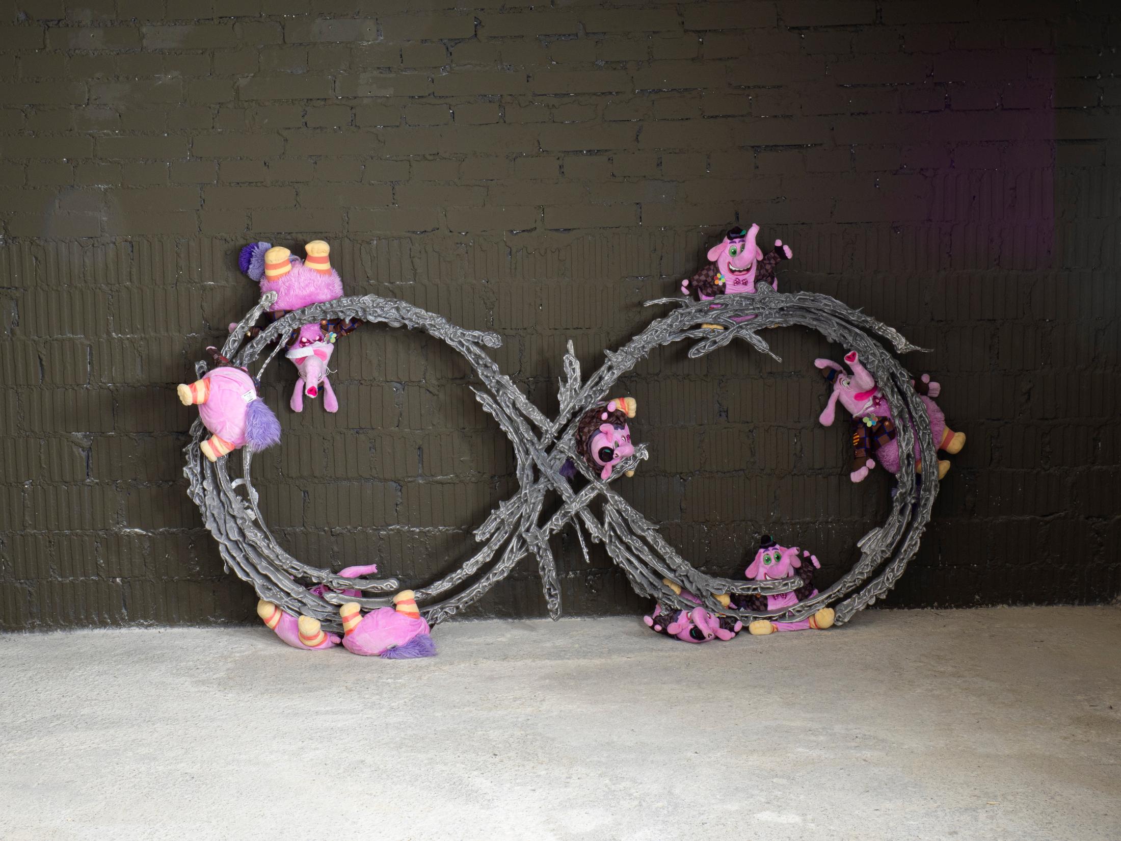 Exhibition View Double Show Martin Andereggen «Self Storage ; view on Overcome (Bing Bong must sing, must die), 145 × 80 × 60 cm, 2024» and Martin Spühler «Kosmos» at Kunstraum Kreuzlingen, Kreuzlingen, 2024-2025 / Photo: Martin Andereggen / Courtesy: the artists and Kunstraum Kreuzlingen