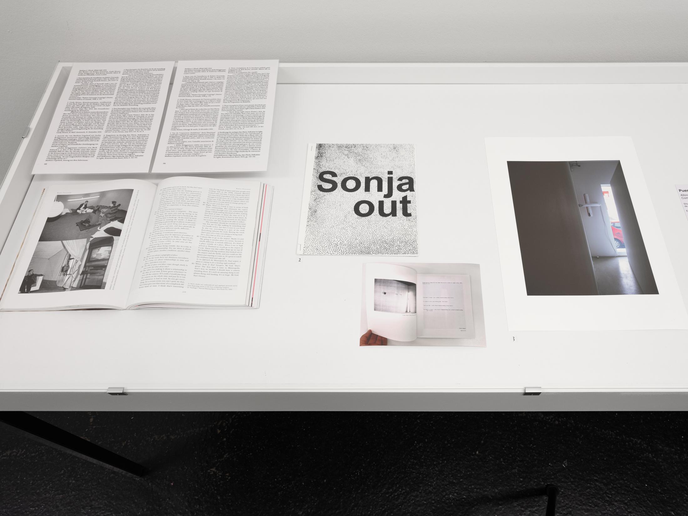 Exhibition View Solo Show Mathias C. Pfund «with fondest regards ; view on Mathias C. Pfund, Whale Fall, 2024
Vitrine with works by Rirkrit Tiravanija, Cindy Hinant, Stefan Brüggemann, Will Brown, Jennifer Allora & Guillermo Calzadilla, Louise Lawler» at Kunsthaus Biel / Centre d'Art Bienne, Biel/Bienne, 2024 / Photo: Lea Kunz / Courtesy: the artists and Kunsthaus Biel