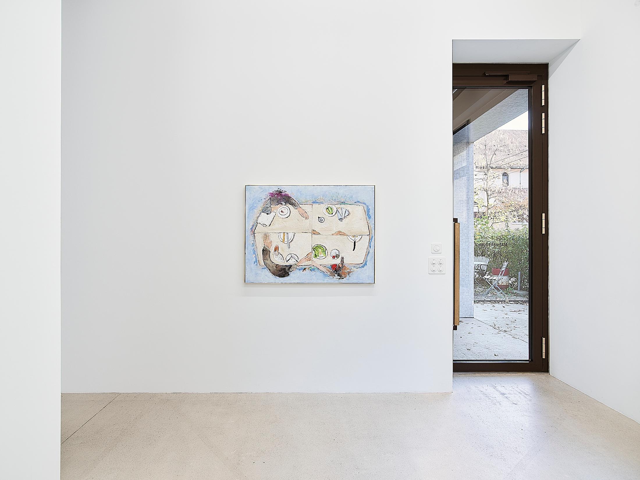 Exhibition View Solo Show Mathias Toubro «heaven; view on Lunch with friends, 2024, oil, paper, beeswax and oil stick on board, 85 × 114 cm» at Damien & The Love Guru, Zurich, 2024 / Photo: Felix Jungo / Courtesy: the artist and Damien & The Love Guru