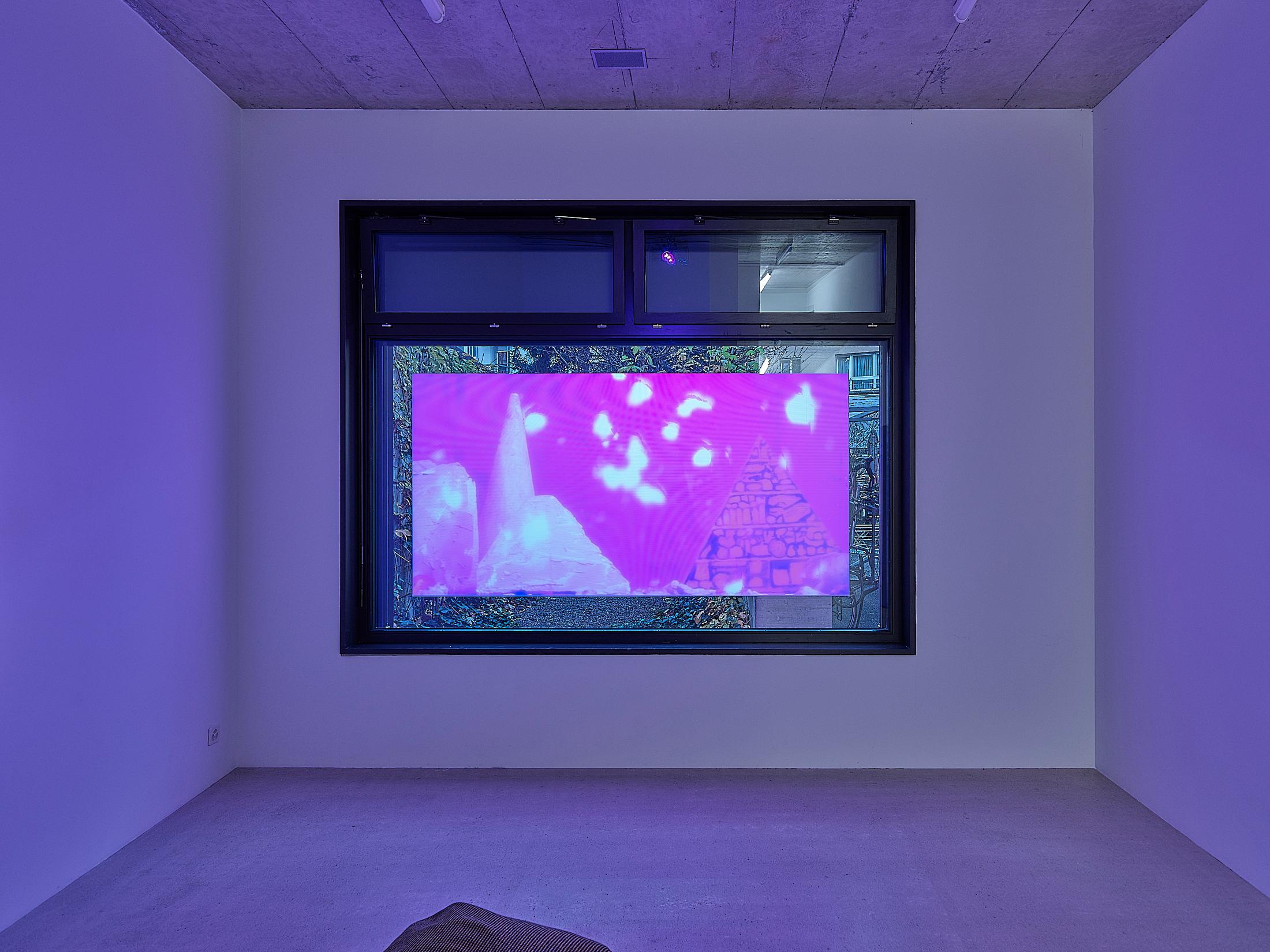 Exhibition View Solo Show Mathias Toubro «heaven; view on Trails, paths and tracks, 2024, video (loop), 6 min 25 sec» at Damien & The Love Guru, Zurich, 2024 / Photo: Felix Jungo / Courtesy: the artist and Damien & The Love Guru