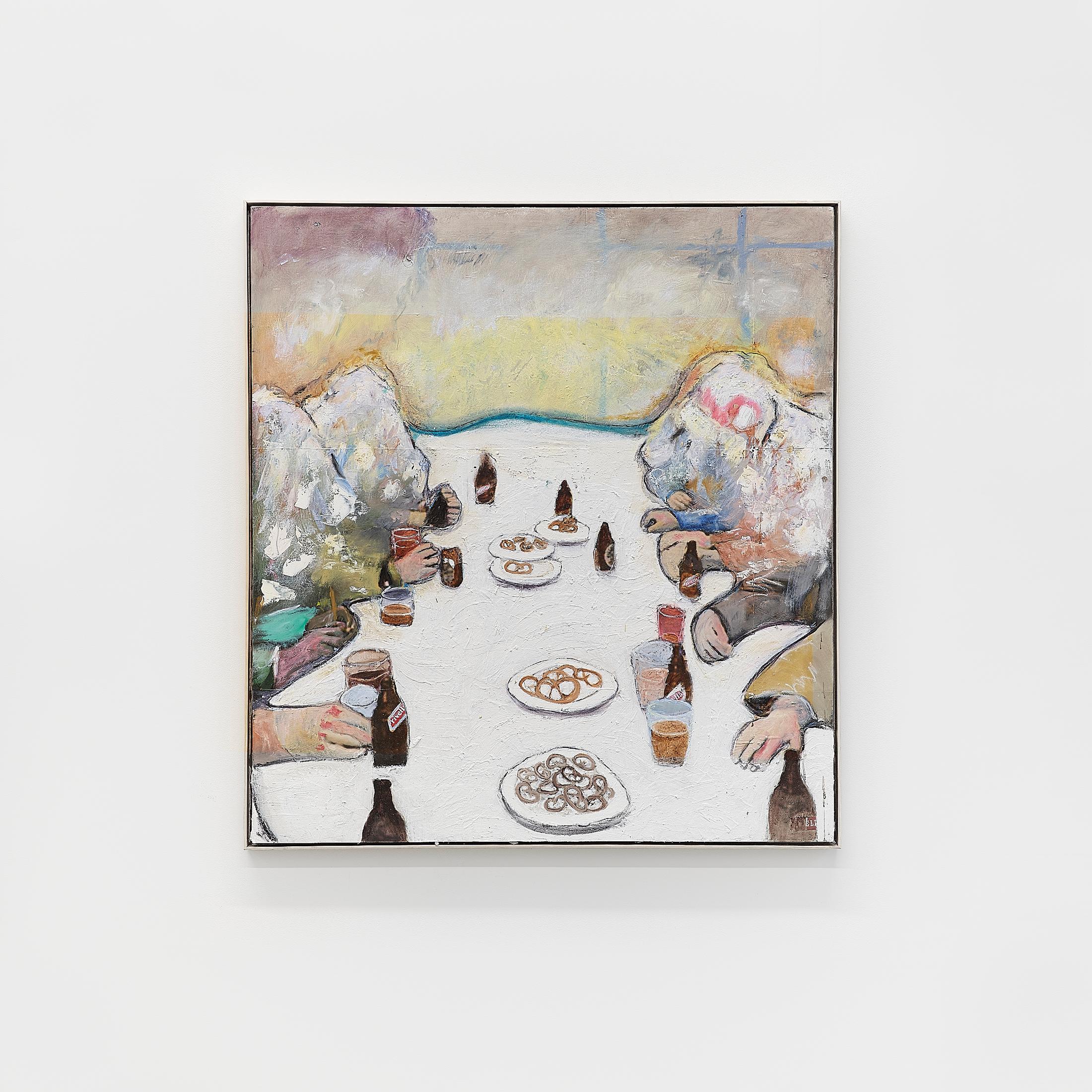 Exhibition View Solo Show Mathias Toubro «heaven; view on Golden hour Rivella, 2024, oil, paper, beeswax and oil stick on board, 104 × 96 cm» at Damien & The Love Guru, Zurich, 2024 / Photo: Felix Jungo / Courtesy: the artist and Damien & The Love Guru