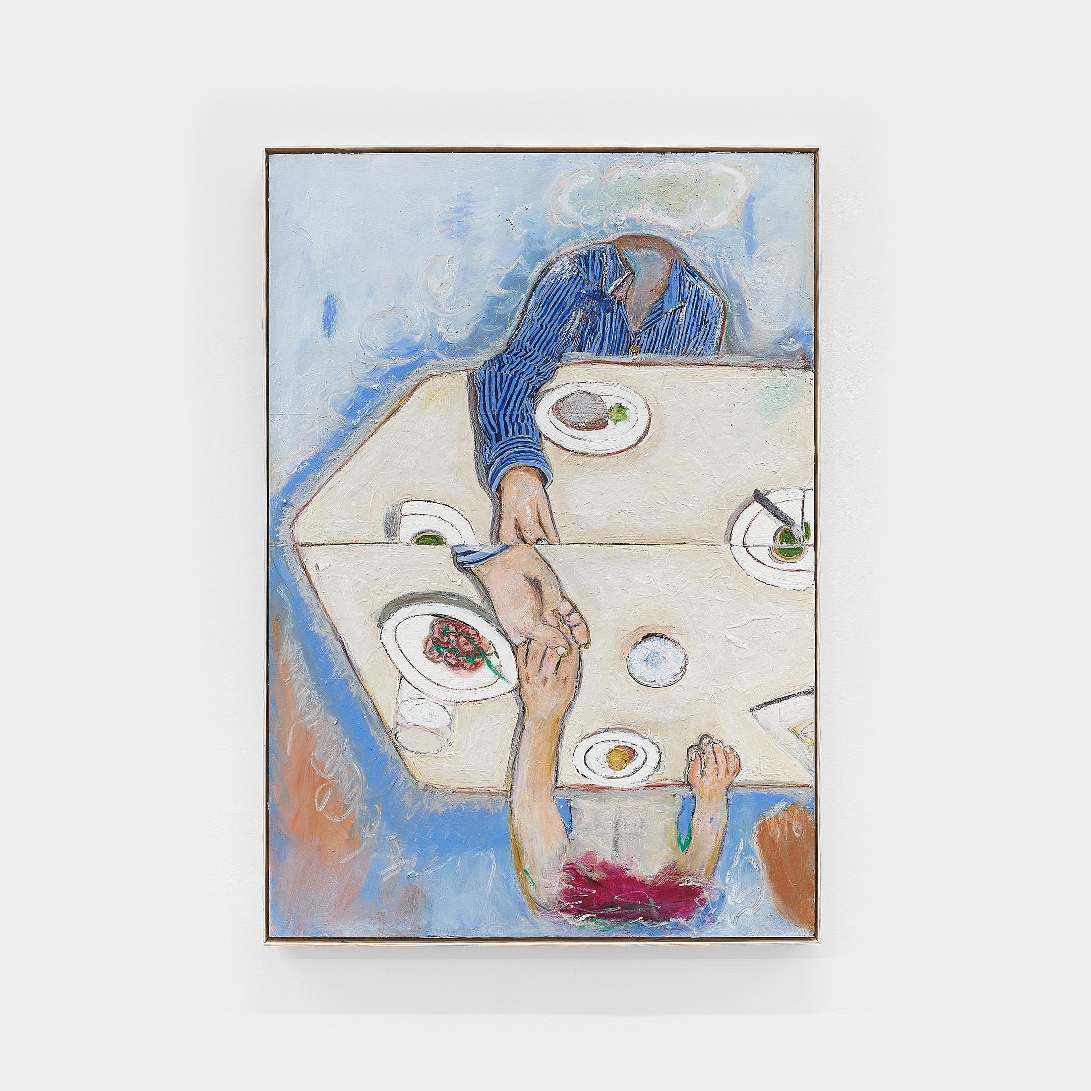 Exhibition View Solo Show Mathias Toubro «heaven; view on Vegetarian dinner, 2024, oil, paper, beeswax and oil stick on board, 124.5 × 87 cm» at Damien & The Love Guru, Zurich, 2024 / Photo: Felix Jungo / Courtesy: the artist and Damien & The Love Guru