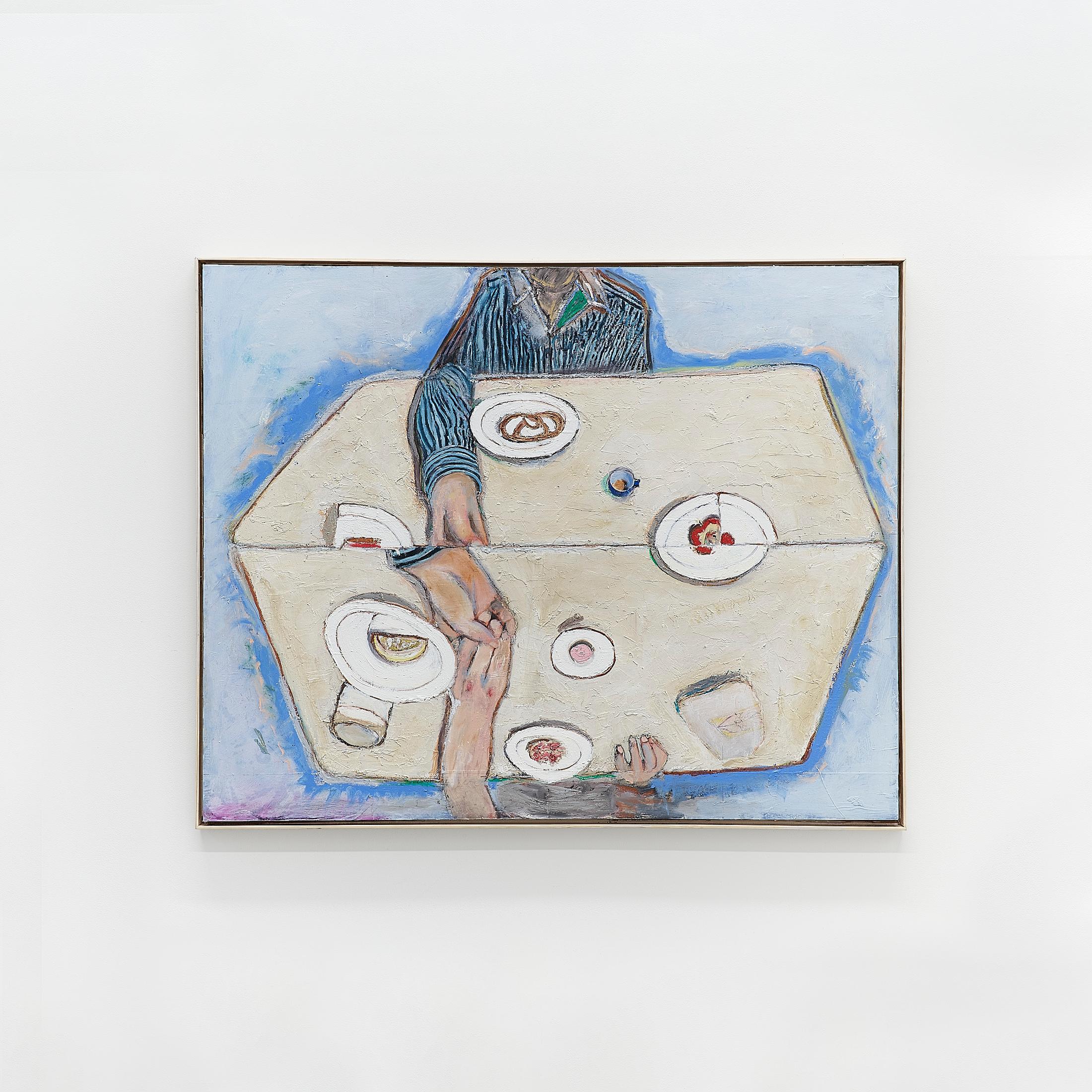 Exhibition View Solo Show Mathias Toubro «heaven; view on Breakfast, lemon and bretzel, 2024, oil, paper, beeswax and oil stick on board, 87 × 108.5 cm» at Damien & The Love Guru, Zurich, 2024 / Photo: Felix Jungo / Courtesy: the artist and Damien & The Love Guru