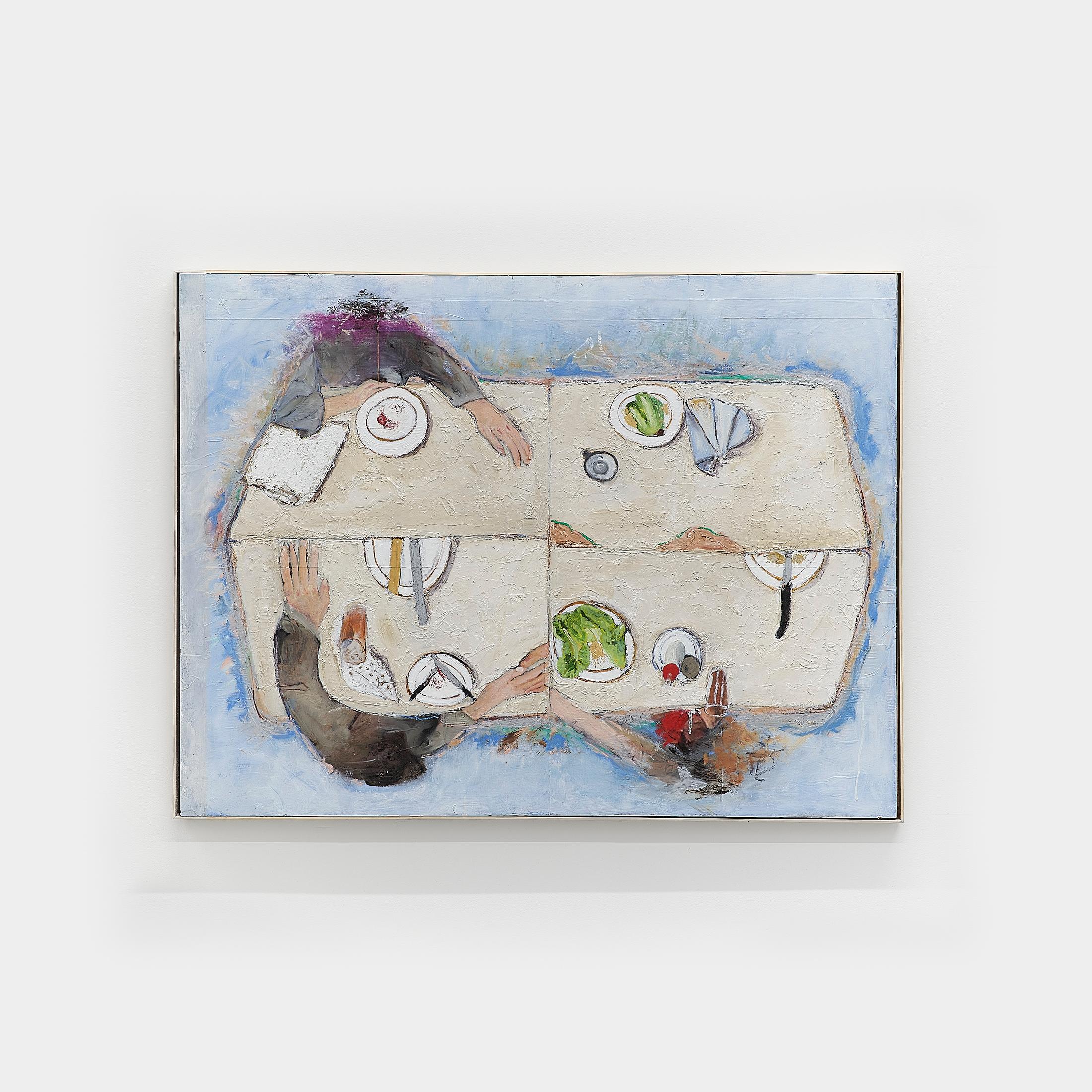 Exhibition View Solo Show Mathias Toubro «heaven; view on Lunch with friends, 2024, oil, paper, beeswax and oil stick on board, 85 × 114 cm» at Damien & The Love Guru, Zurich, 2024 / Photo: Felix Jungo / Courtesy: the artist and Damien & The Love Guru