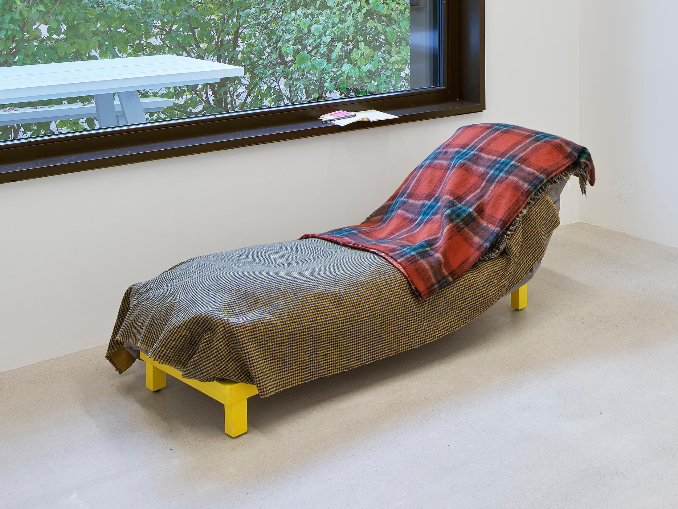 Exhibition View Solo Show Mathias Toubro «heaven; view on Beanbag recliner, 2024, construction wood, beanbag, various fabrics, 180 × 50 × 40 cm» at Damien & The Love Guru, Zurich, 2024 / Photo: Felix Jungo / Courtesy: the artist and Damien & The Love Guru