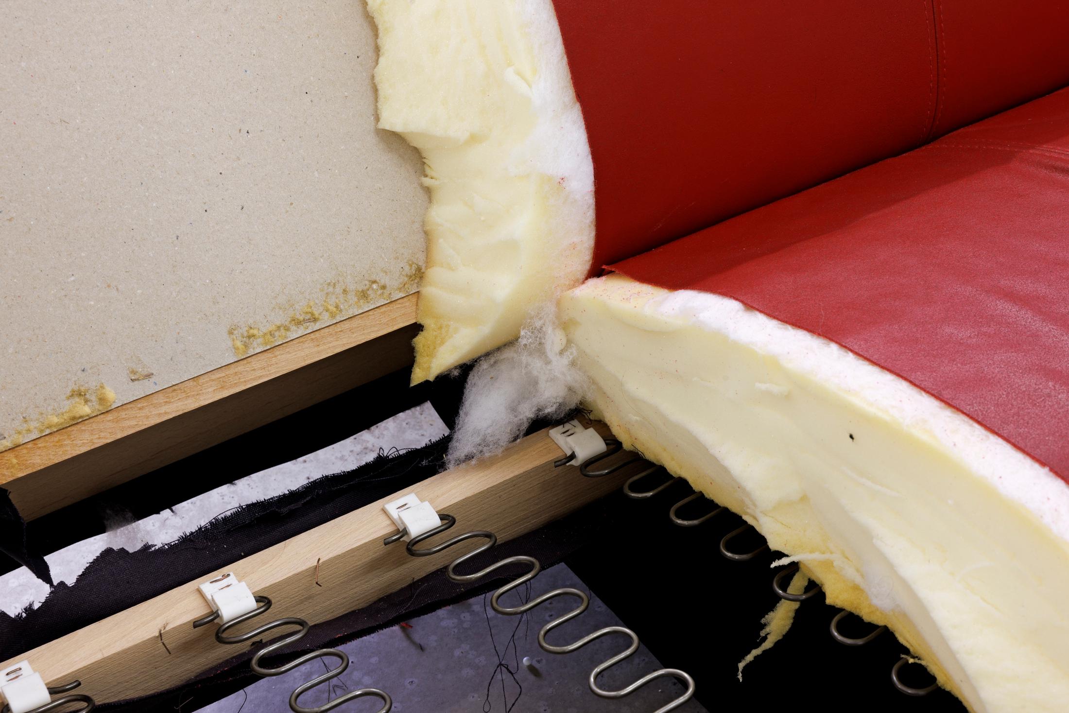 Exhibition View Group Show «Melting Point; view on Virginie Sistek, Monogamie (Detail), 2024, couches, 305 x 210 x 69 cm» at For, Basel, 2024 / Photo: Gina Folly / Courtesy: the artists and For