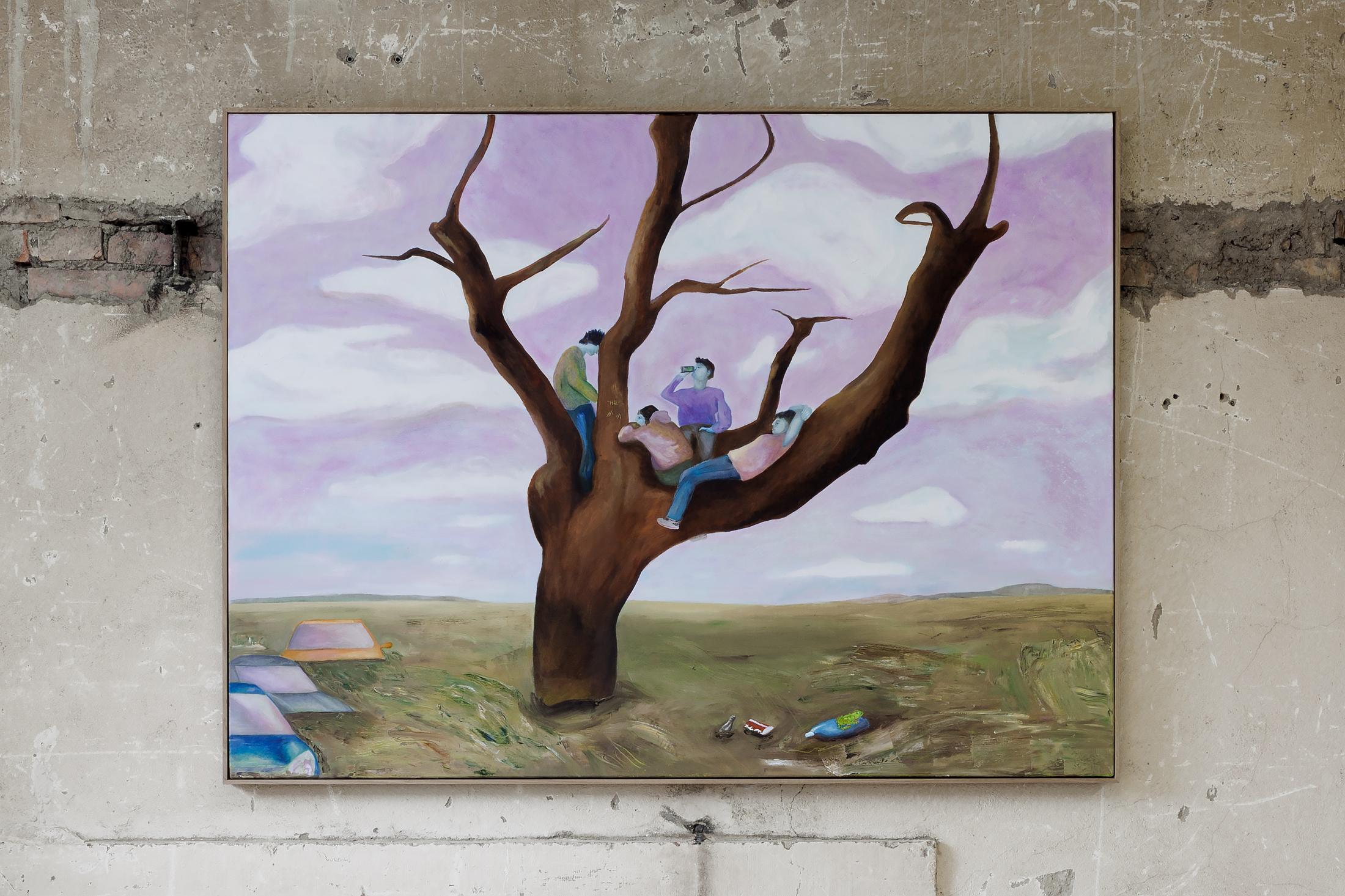 Exhibition View Group Show «Melting Point; view on Noemi Pfister, Great things end, small things endure, 2024, oil on canvas, wood frame,  162 x 122 cm» at For, Basel, 2024 / Photo: Gina Folly / Courtesy: the artists and For