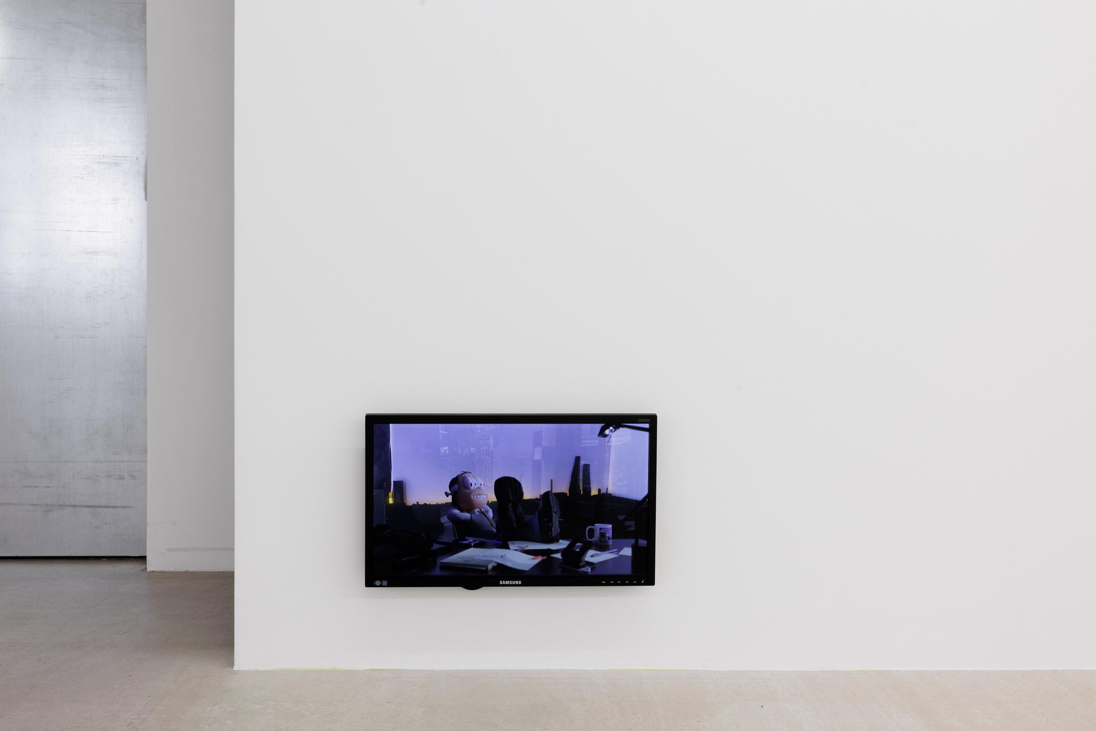 Exhibition View Group Show «Melting Point; view on Paul Fritz & Virginie Sistek, My wife reads novels. I haven‘t got the time., 2024, 3d-animated video-loop» at For, Basel, 2024 / Photo: Gina Folly / Courtesy: the artists and For