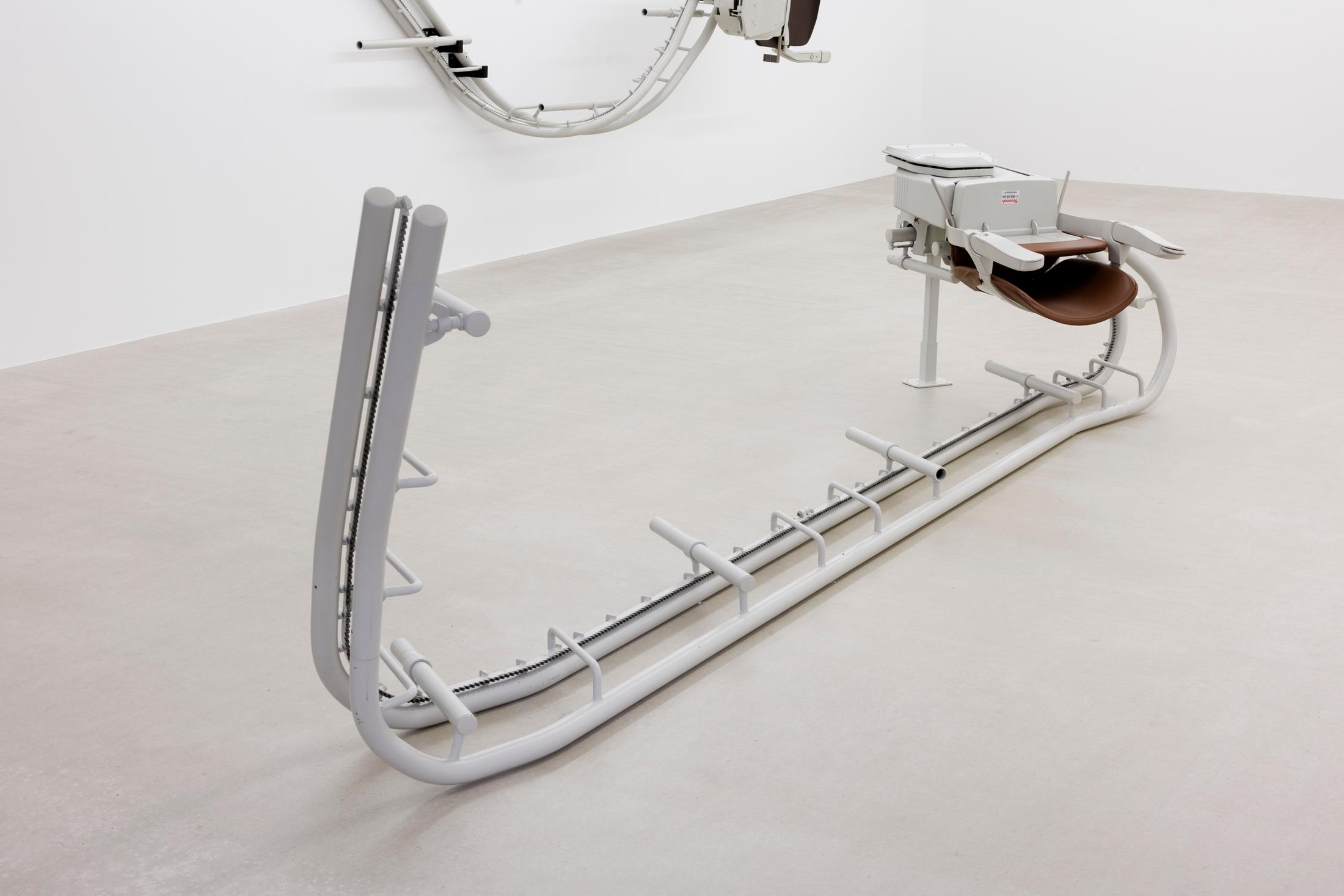 Exhibition View Group Show «Melting Point; view on Matthias Sohr, Treppenlift-Skulptur 5, 2024, various materials, 370 x 102 x 110 cm» at For, Basel, 2024 / Photo: Gina Folly / Courtesy: the artists and For