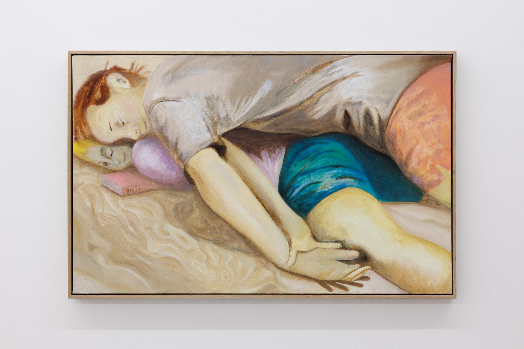 Exhibition View Group Show «Melting Point; view on Noemi Pfister, Ragazzi di vita, 2024, oil on canvas, wood frame, 97 x 63 cm» at For, Basel, 2024 / Photo: Gina Folly / Courtesy: the artists and For