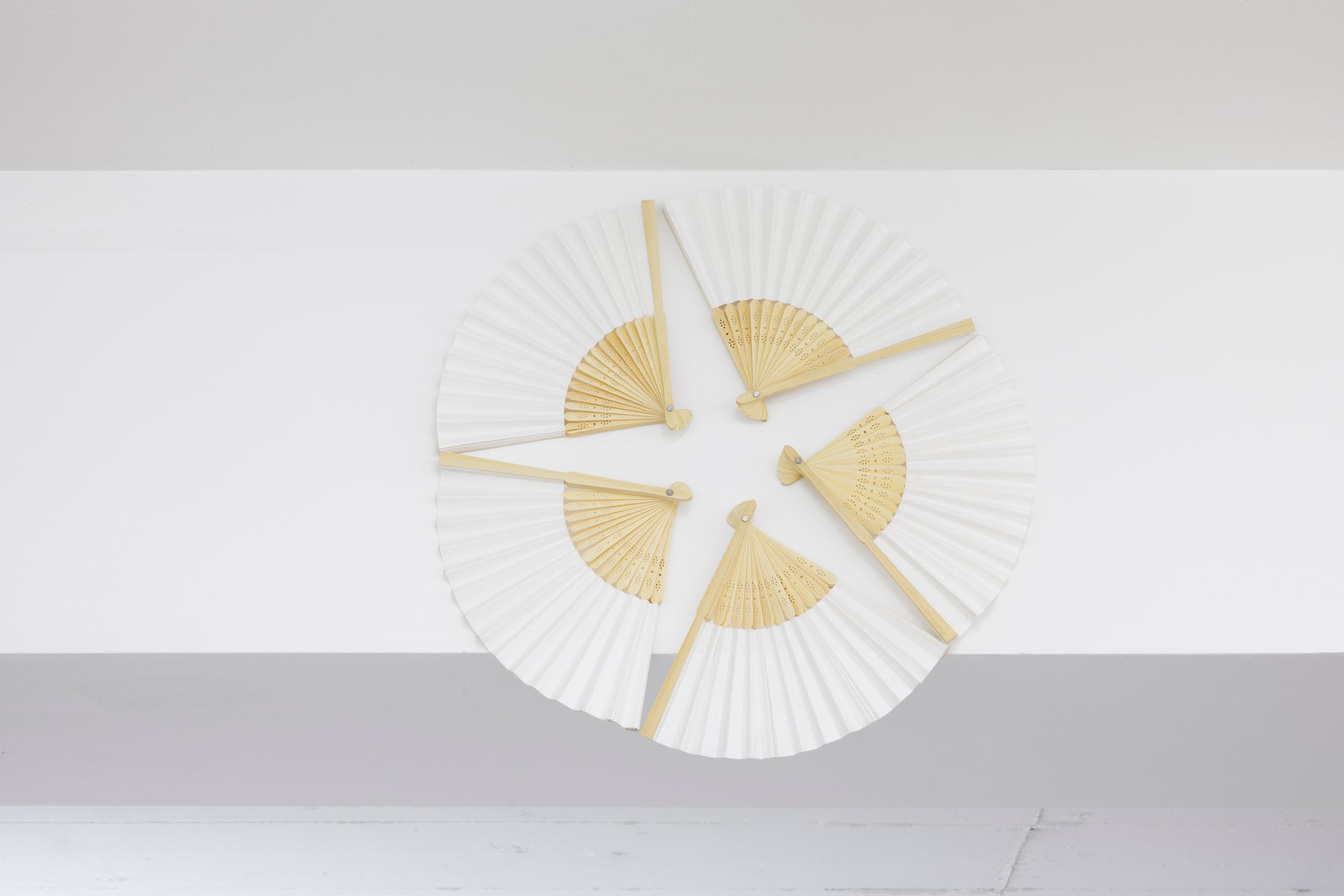 Exhibition View Group Show «Melting Point; view on Virginie Sistek, She‘s so lucky, she‘s a star but she cry, cry, cries in her lonely heart, thinking if there‘s nothing missing in my life then why do these tears come at night?, 2024, fans» at For Space, Basel, 2024 / Photo: Gina Folly / Courtesy: the artists and For Space