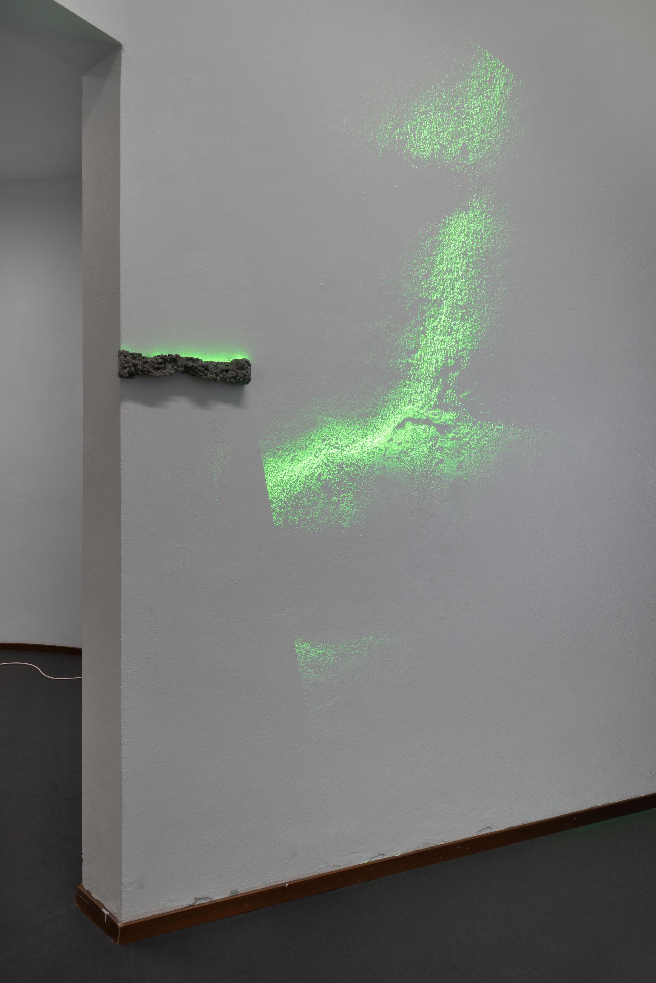 Exhibition View Adele Dipasquale & Hunter Longe Duo Show «In un Vuoto Cielo; view on Hunter Longe, Dissolution of the State 8 (Spectro), 2023, Gypsum cement, magnetite sand, sediments, pigments, graphite, laser» at Sonnenstube, Lugano, 2023-2024 / Photo: Mattia Angelini / Courtesy: the artist and Sonnenstube