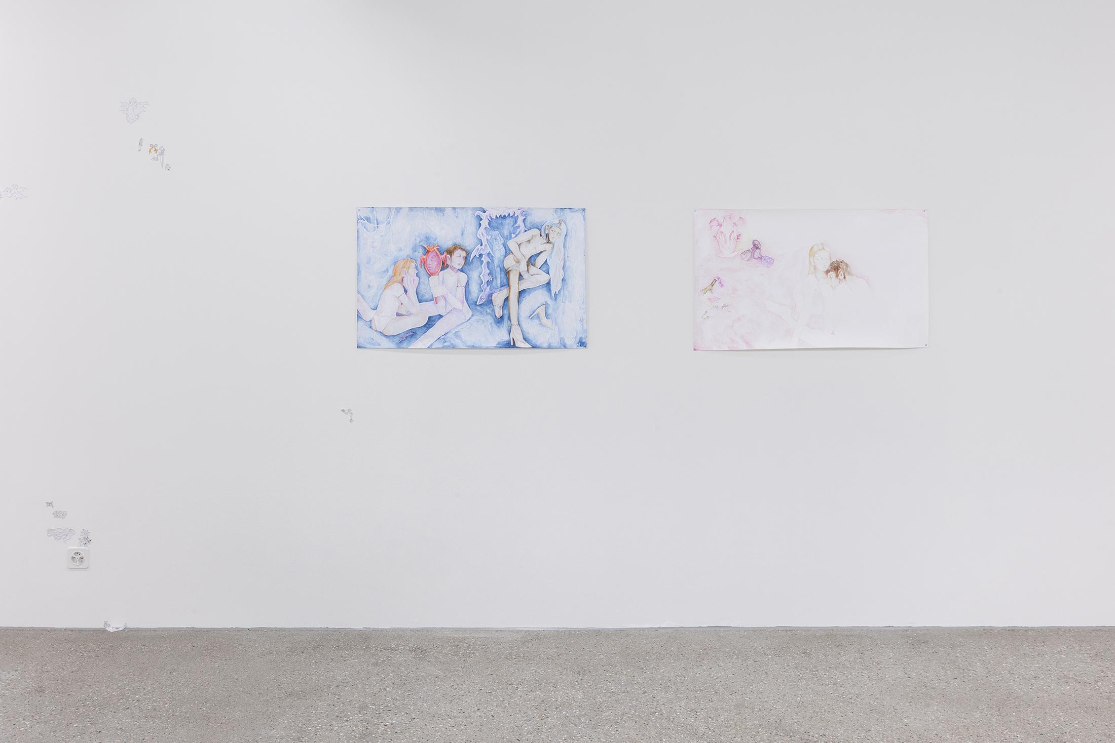 Exhibition View Group Show «All My Loved Ones Like To Fight; view on Luca Frati, Please, be tender, 2023» at CALM - Centre d'Art La Meute, Lausanne, 2023 / Photo: Théo Dufloo / Courtesy: the artist and CALM - Centre d'Art La Meute