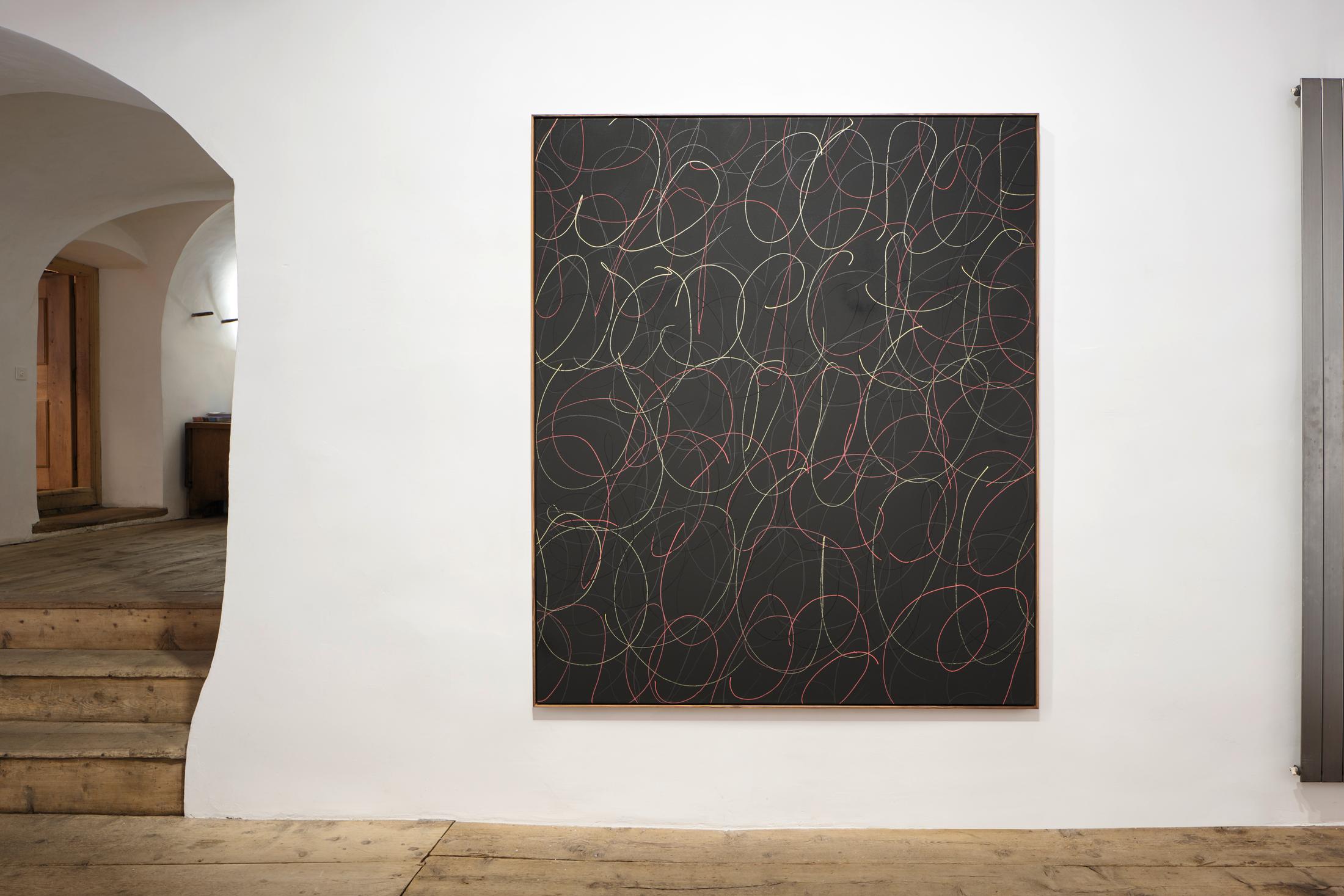 Exhibition View donna Kukama Solo Show «transcendence; view on donna Kukama, we do not not expect you to believe in us, 2020, black acrylic, faithlessness, graphite, solid truth, liquid chalk on canvas, 203 x 173 x 6.5 cm» at Galerie Tschudi, Zuoz, 2023 / Photo: Ralph Feiner / Courtesy: the artist and Galerie Tschudi