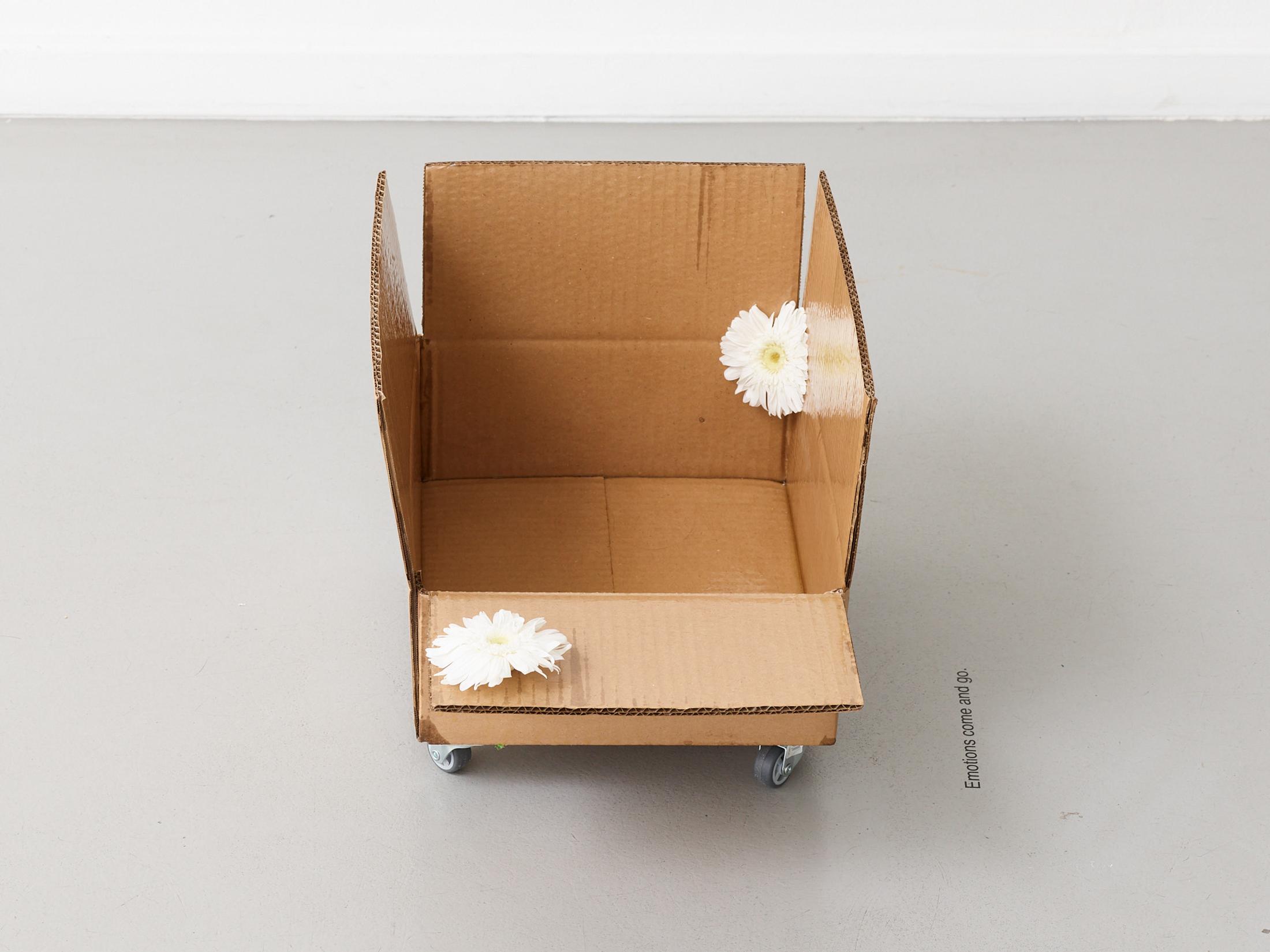 Exhibition View Gina Folly Solo Show «Dolce Vita; view on Gina Folly, Emotions come and go, 2023, box, varnished cardboard, four swiveling wheels, two stabilized white gerberas, 44 x 30 x 30 cm» at Centre d'édition contemporaine, Geneva, 2023 / Photo: Sandra Pointet / Courtesy: the artist and Centre d'édition contemporaine