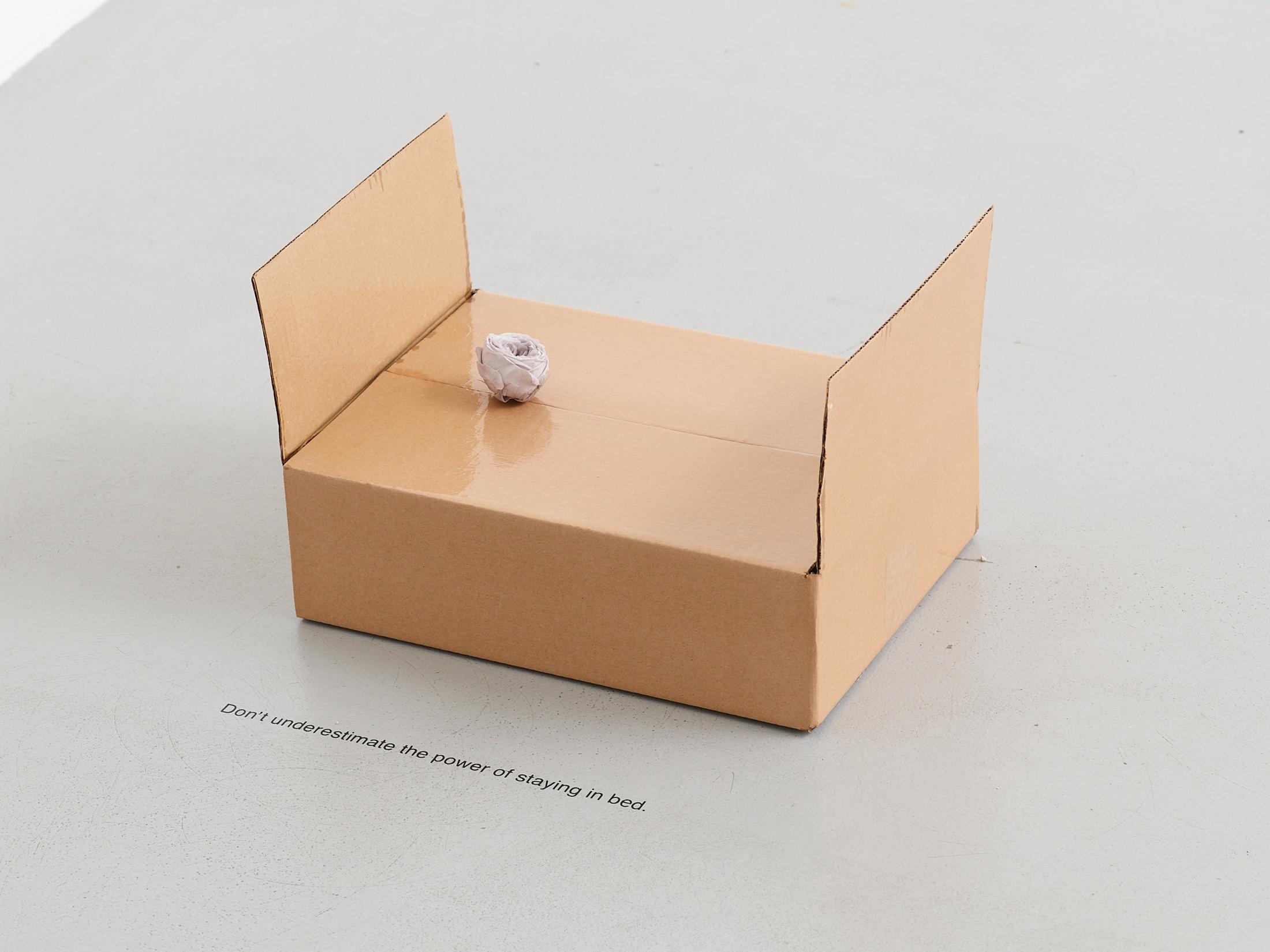 Exhibition View Gina Folly Solo Show «Dolce Vita; view on Gina Folly, Don’t underestimate the power of staying in bed, 2023, box, varnished cardboard, one stabilized grey rose, 37,5 x 25,5 x 24 cm» at Centre d'édition contemporaine, Geneva, 2023 / Photo: Sandra Pointet / Courtesy: the artist and Centre d'édition contemporaine