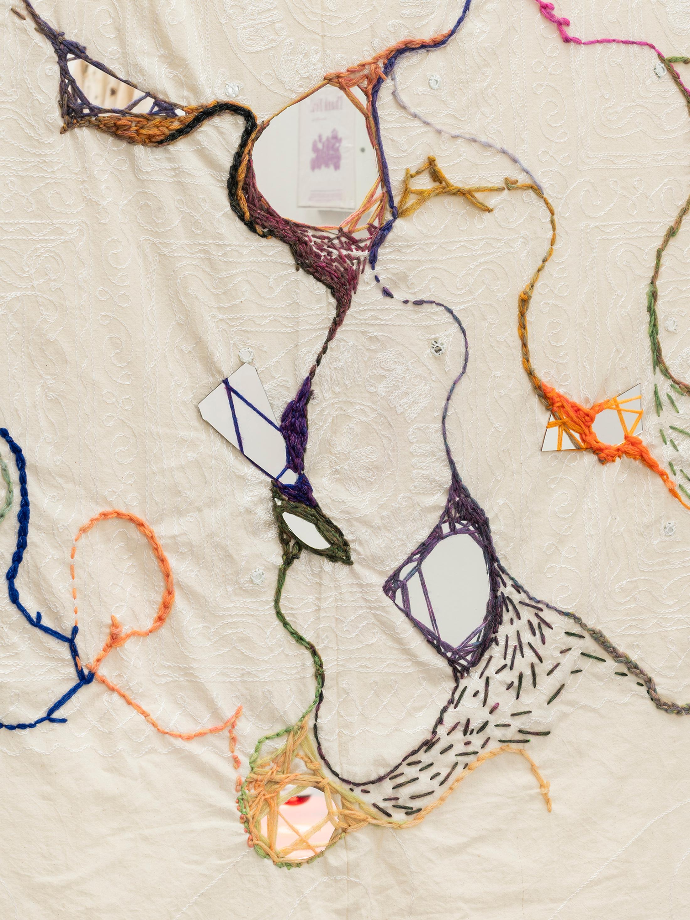 Exhibition View Group Show «Gulp; view on Zahrasadat Hakim, Les miroirs ne me contiennent pas (Detail), 2023, Embroidered cloth, mirror, 200 x 225 cm» at La Rada, Locarno, 2023 / Photo: Riccardo Giancola / Courtesy: the artist and La Rada