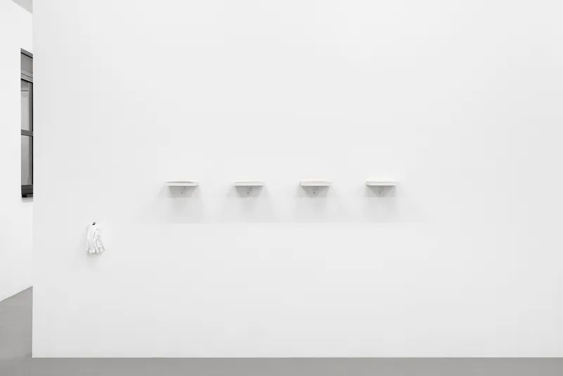 Exhibition View Group Show «Gulp; view on Jacopo Valentini, From the series Paesaggi da Tavola (Trattoria Due Platani - Trattoria Entrà - Osteria di Medicina - Da Lucio Trattoria), 2023, Inkjet print, wood and cotton gloves, 20 x 220 cm» at La Rada, Locarno, 2023 / Photo: Riccardo Giancola / Courtesy: the artist and La Rada