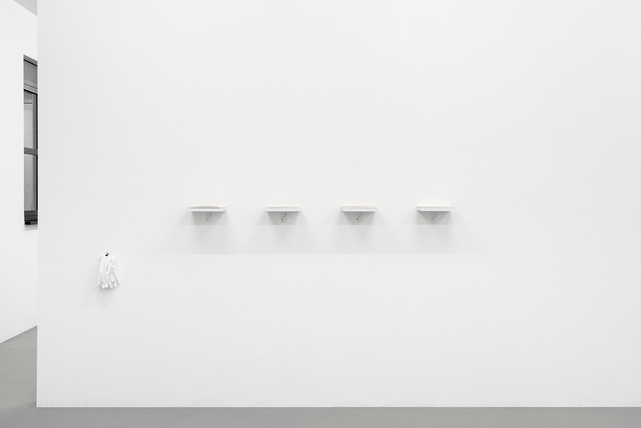 Exhibition View Group Show «Gulp; view on Jacopo Valentini, From the series Paesaggi da Tavola (Trattoria Due Platani - Trattoria Entrà - Osteria di Medicina - Da Lucio Trattoria), 2023, Inkjet print, wood and cotton gloves, 20 x 220 cm» at La Rada, Locarno, 2023 / Photo: Riccardo Giancola / Courtesy: the artist and La Rada