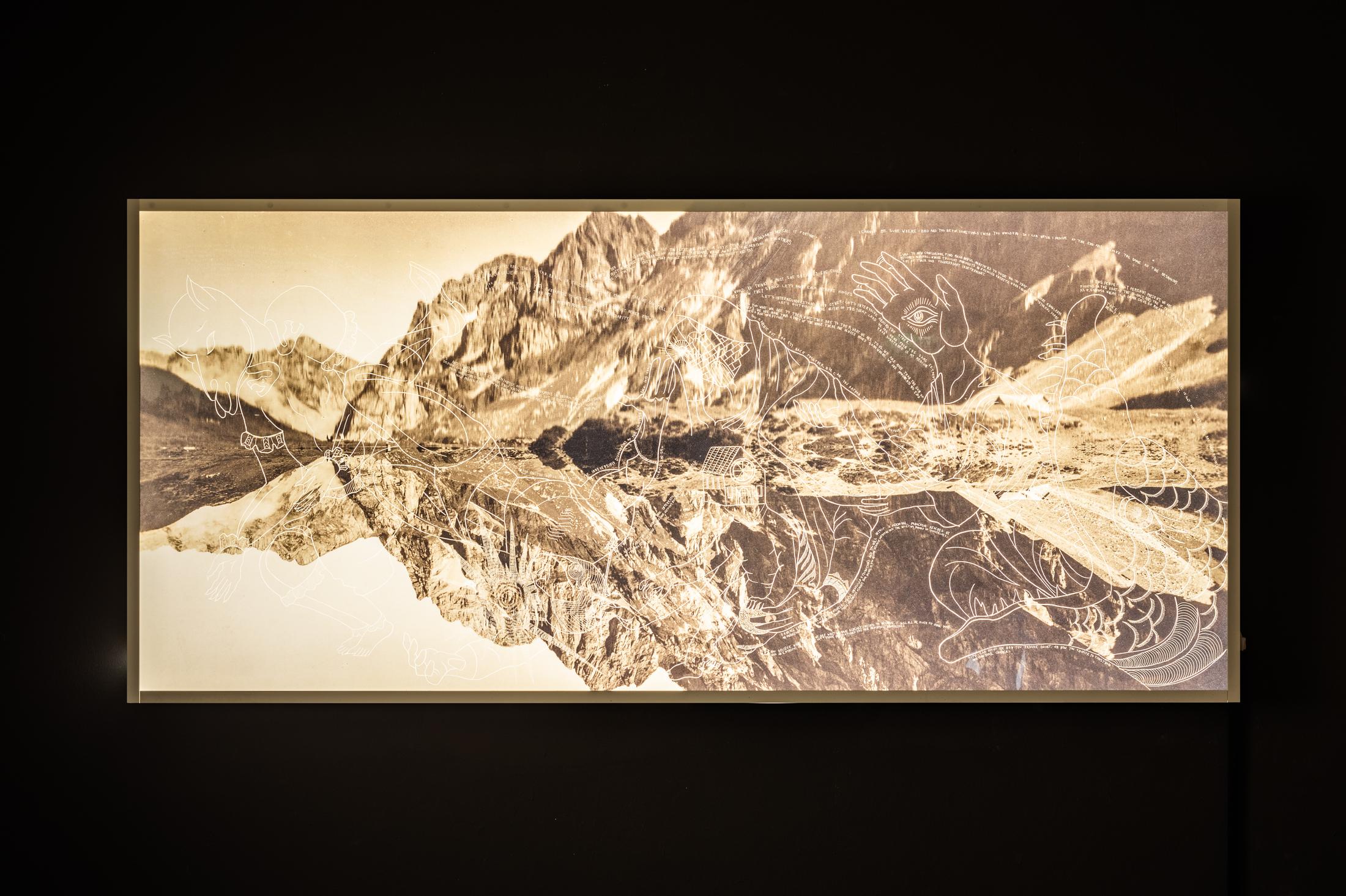 Exhibition View Duo Show «Leila Peacock & Gil Pellaton; view on Leila Peacock, As Above So Below - Then..., 2023, Plexiglass LED lightbox drawing scratched into Duraclear prints, 225 x 105 cm» at Last Tango, Zurich, 2023 / Photo: Kilian Bannwart / Courtesy: the artists and Last Tango