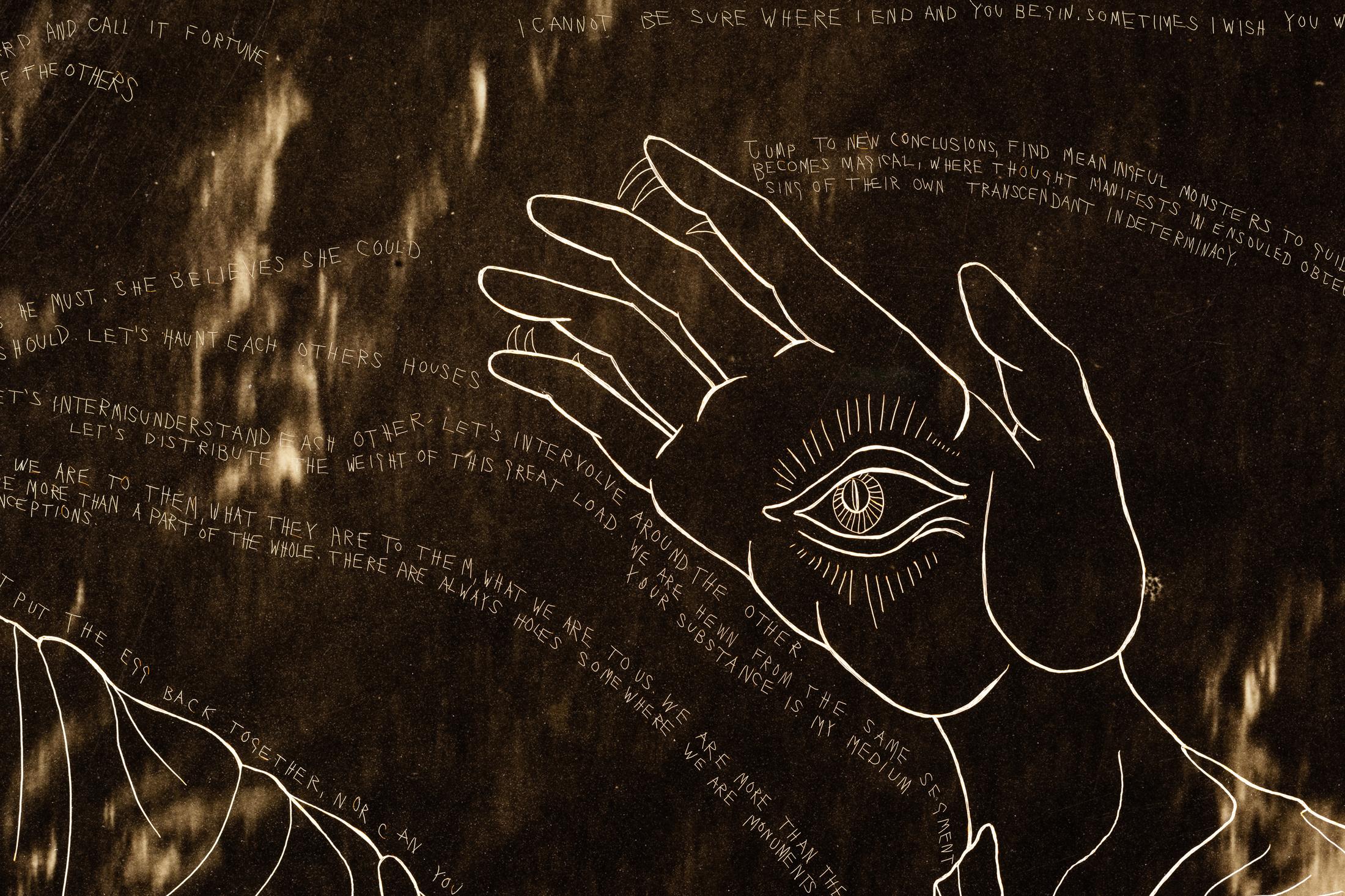 Exhibition View Duo Show «Leila Peacock & Gil Pellaton; view on Leila Peacock, As Above So Below - Then... (Detail), 2023, Plexiglass LED lightbox drawing scratched into Duraclear prints, 225 x 105 cm» at Last Tango, Zurich, 2023 / Photo: Kilian Bannwart / Courtesy: the artists and Last Tango