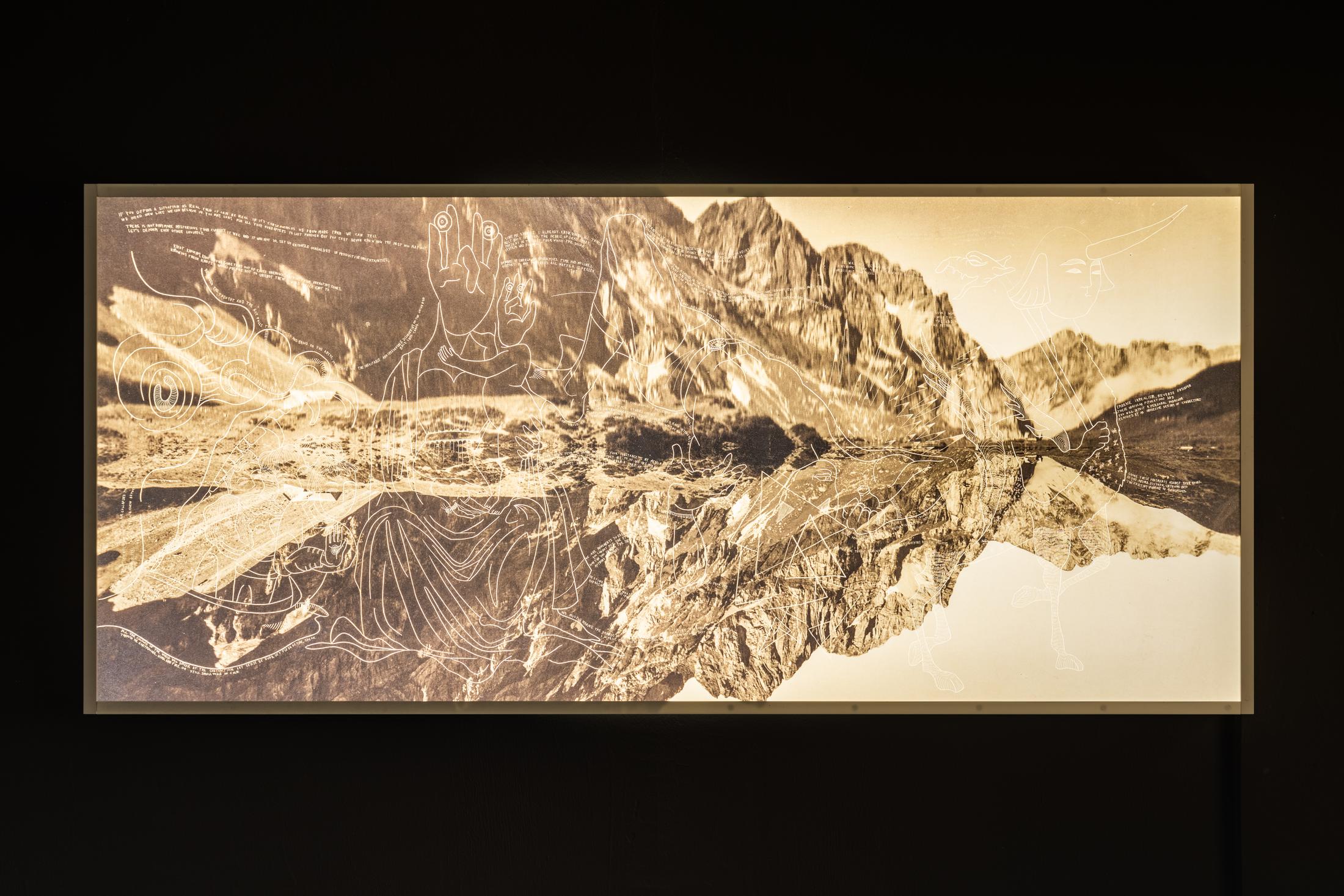 Exhibition View Duo Show «Leila Peacock & Gil Pellaton; view on Leila Peacock, As Above So Below - Now..., 2023, Plexiglass LED lightbox drawing scratched into Duraclear prints, 225 x 105 cm» at Last Tango, Zurich, 2023 / Photo: Kilian Bannwart / Courtesy: the artists and Last Tango