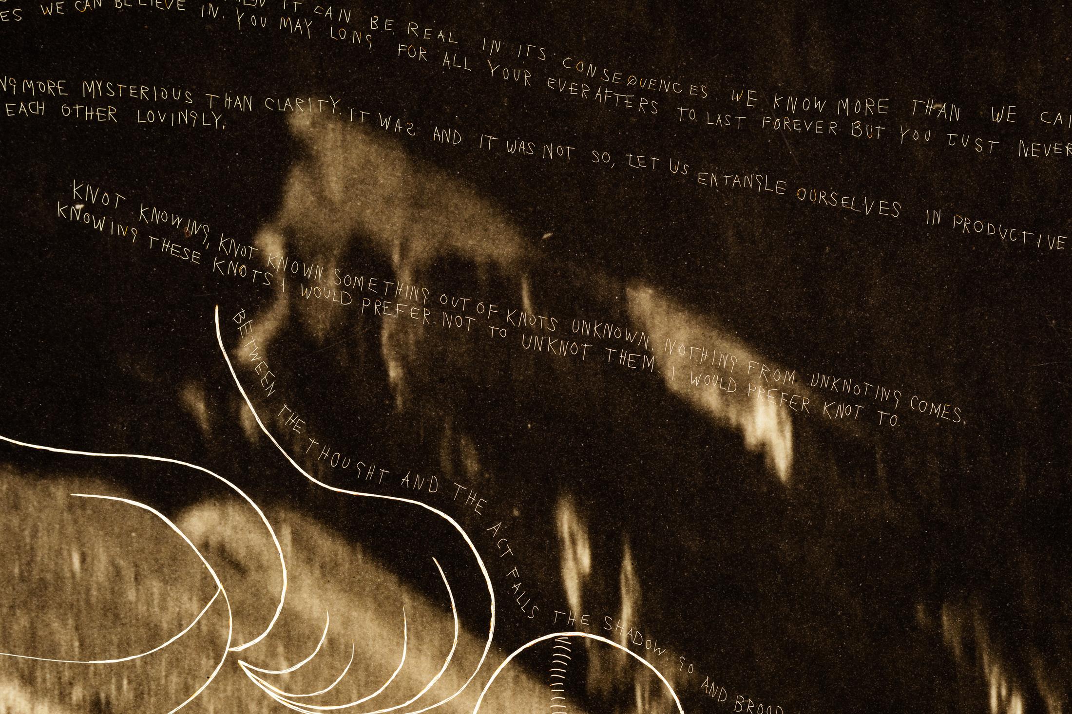 Exhibition View Duo Show «Leila Peacock & Gil Pellaton; view on Leila Peacock, As Above So Below - Now... (Detail), 2023, Plexiglass LED lightbox drawing scratched into Duraclear prints, 225 x 105 cm» at Last Tango, Zurich, 2023 / Photo: Kilian Bannwart / Courtesy: the artists and Last Tango