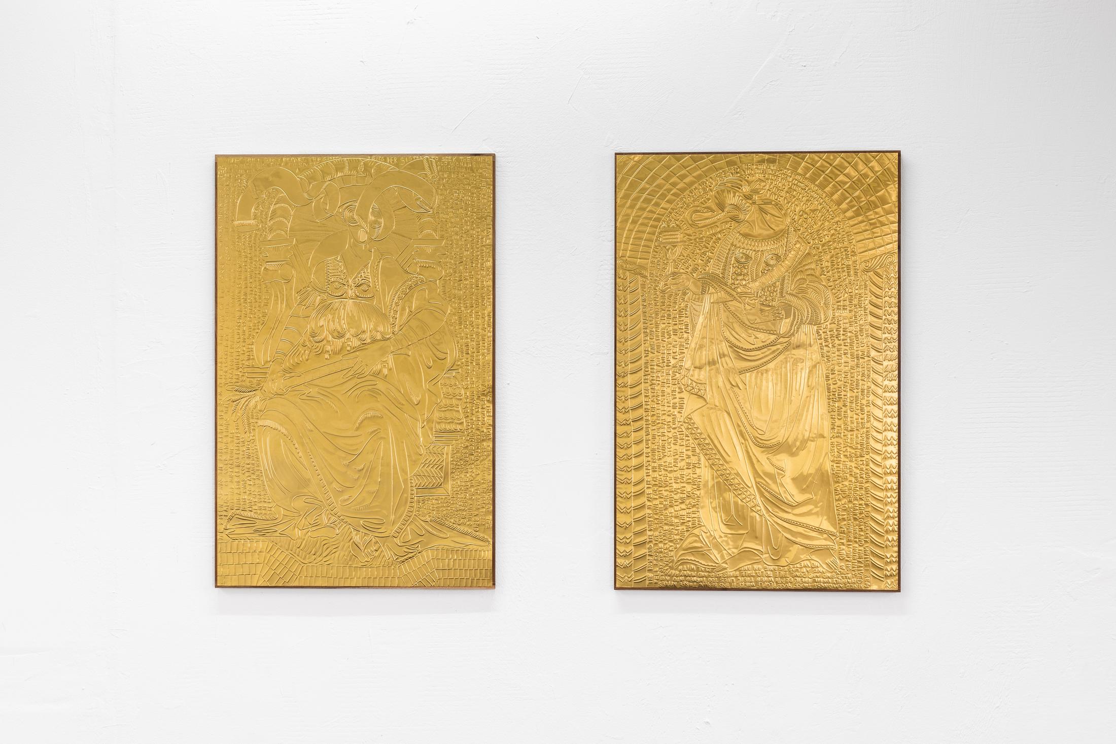 Exhibition View Duo Show «Leila Peacock & Gil Pellaton; view on Leila Peacock, Wondertale - Once there was... (left) and Wondertale - When all’s said and done... (right), 2023, Drawn into aluminium sheets mounted on wooden boards, 45 x 70 cm» at Last Tango, Zurich, 2023 / Photo: Kilian Bannwart / Courtesy: the artists and Last Tango