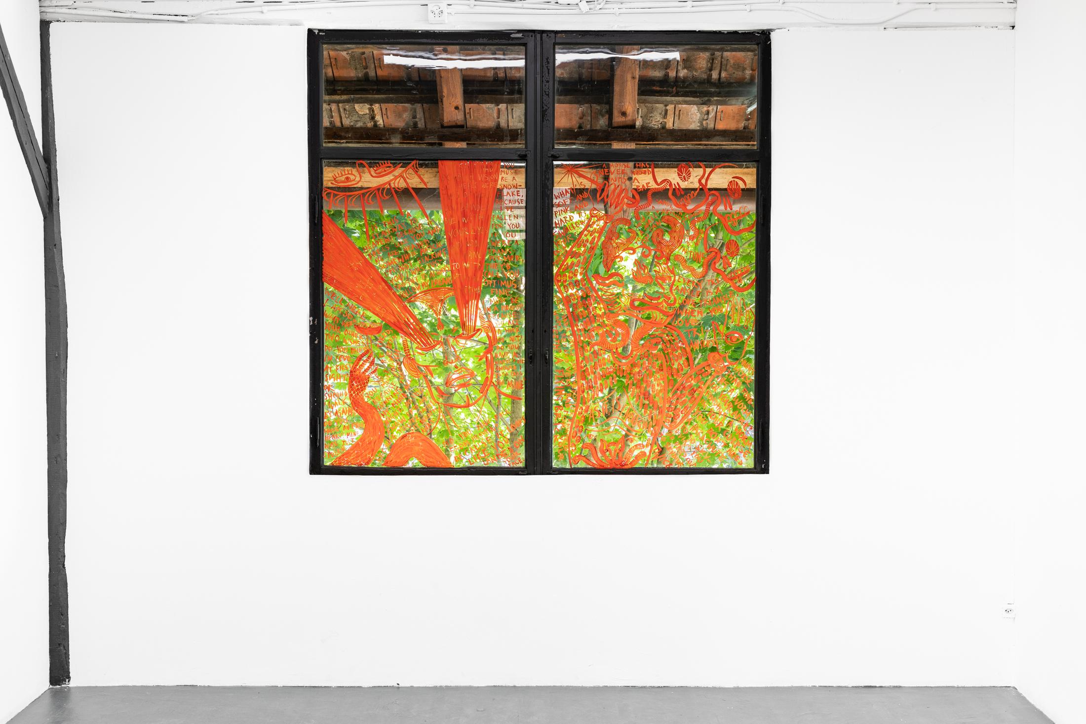 Exhibition View Duo Show «Leila Peacock & Gil Pellaton; view on Leila Peacock, Psychomachia - Pick-up... (left) and Psychomachia - Un-jokes... (right), 2023, Cel-vinyl paint on glass, 85 x 127 cm» at Last Tango, Zurich, 2023 / Photo: Kilian Bannwart / Courtesy: the artists and Last Tango