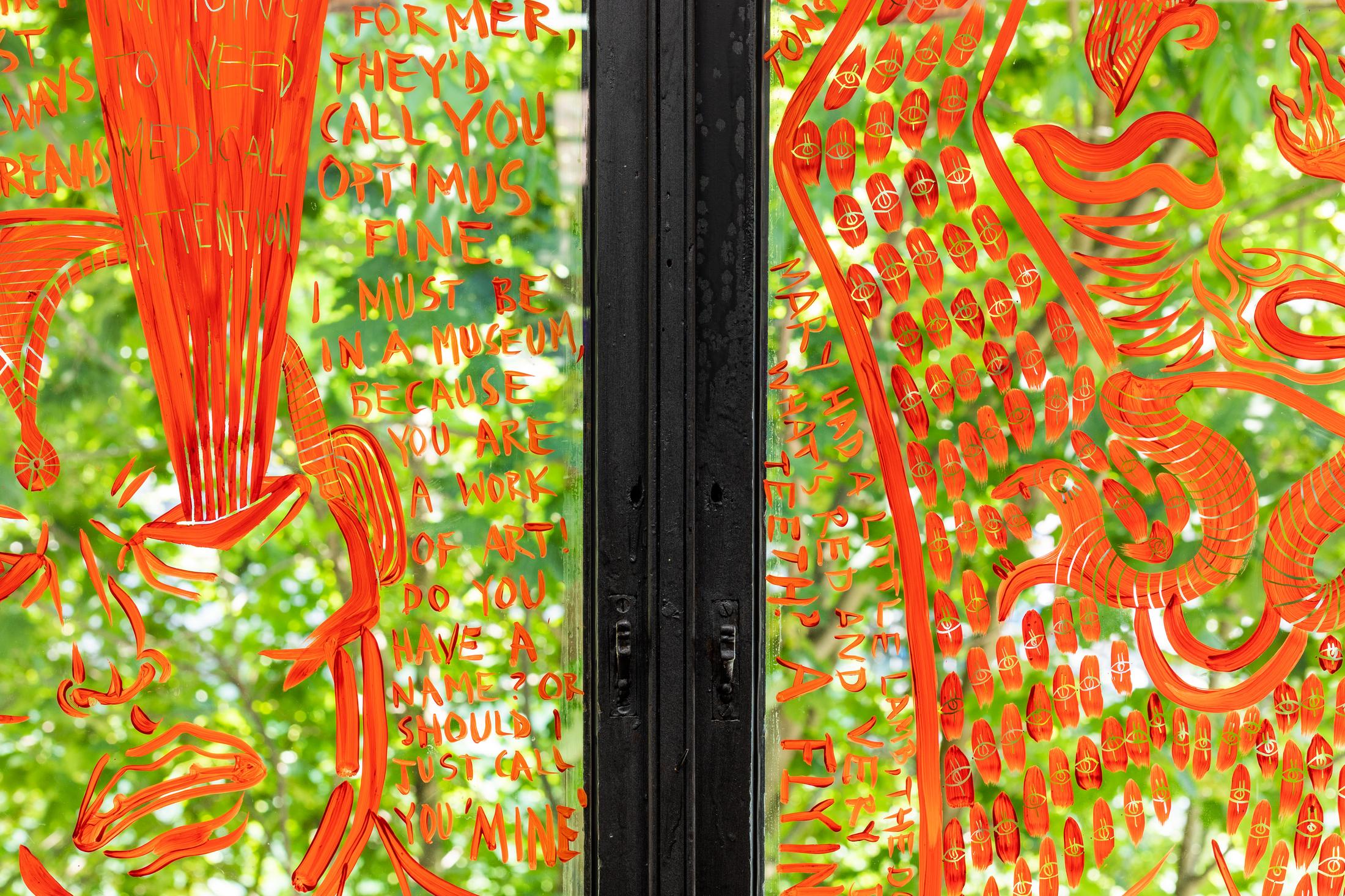 Exhibition View Duo Show «Leila Peacock & Gil Pellaton; view on Leila Peacock, Psychomachia - Pick-up... (left) and Psychomachia - Un-jokes... (right), 2023, Cel-vinyl paint on glass, 85 x 127 cm» at Last Tango, Zurich, 2023 / Photo: Kilian Bannwart / Courtesy: the artists and Last Tango