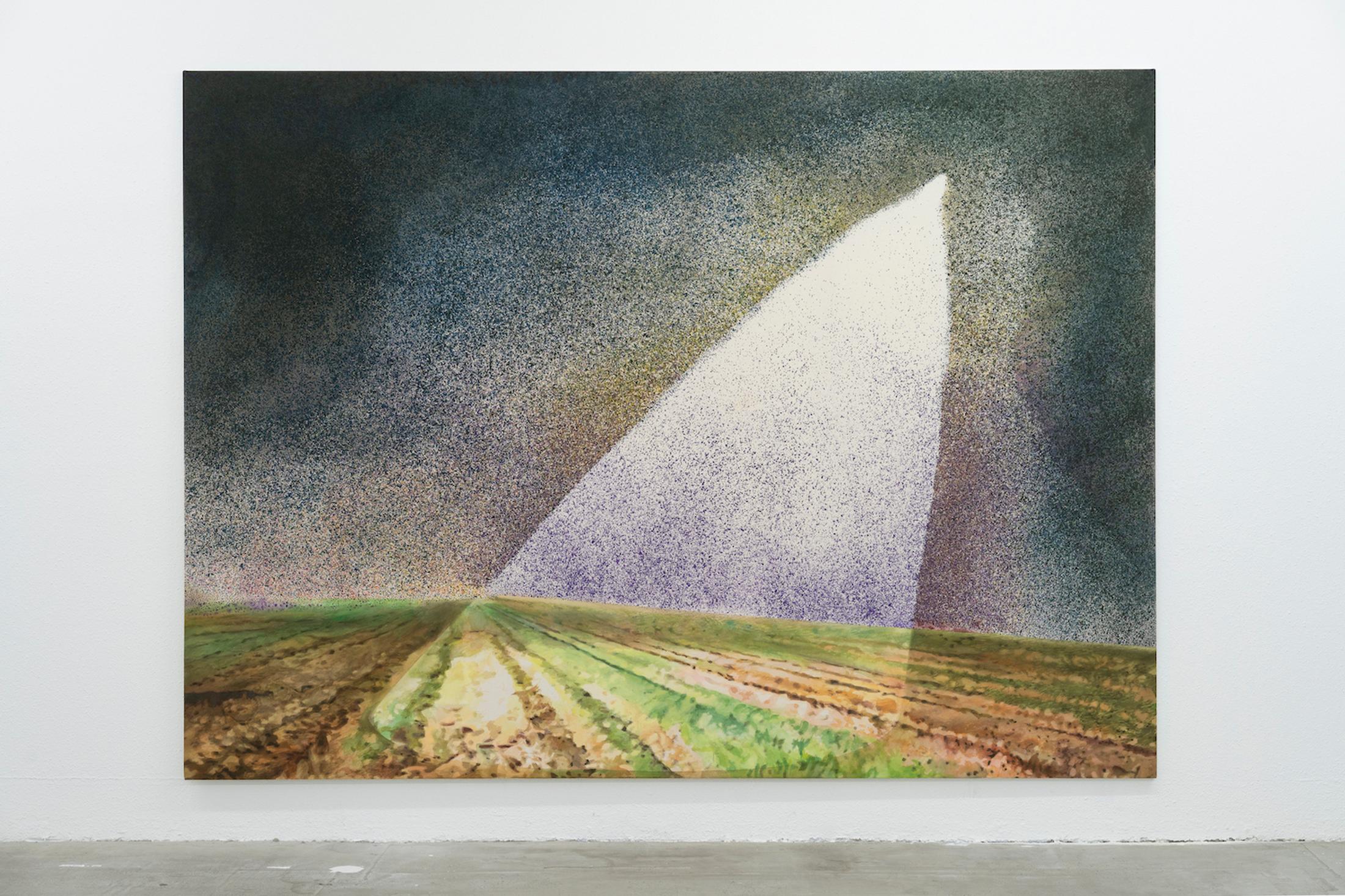 Exhibition View Group Show «Es dreht sich die Welt; view on Lin Olschowka, spotting each other in nowhere, 2023, Acrylic on canvas, 180 x 248 cm» at Hamlet, Zurich, 2023 / Photo: Claude Barrault / Courtesy: the artist and Hamlet