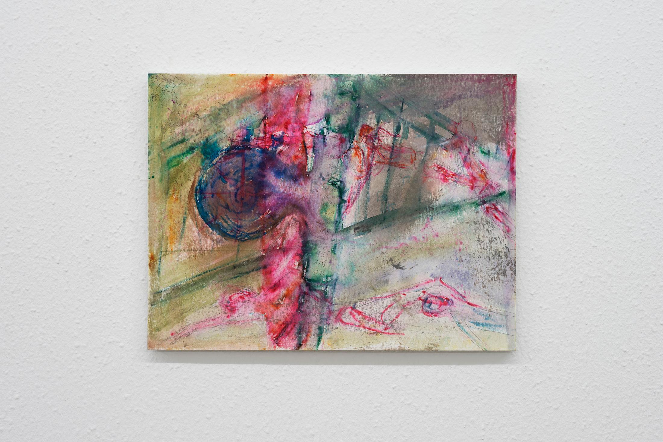 Exhibition View Group Show «Es dreht sich die Welt; view on Amadeus Vogelsang, treiben, 2023, Watercolour and ballpoint on paper, 30 x 40 cm» at Hamlet, Zurich, 2023 / Photo: Claude Barrault / Courtesy: the artist and Hamlet