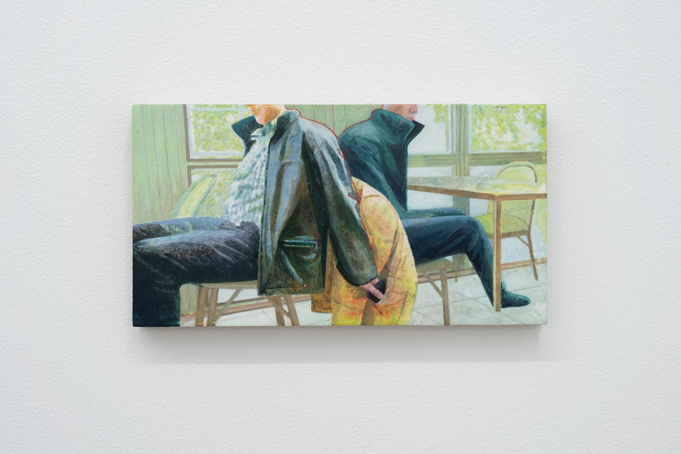 Exhibition View Group Show «Es dreht sich die Welt; view on Lin Olschowka, self-theft, 2023, Acrylic on chalk on wood, 19.5 x 29.5 cm» at Hamlet, Zurich, 2023 / Photo: Claude Barrault / Courtesy: the artist and Hamlet