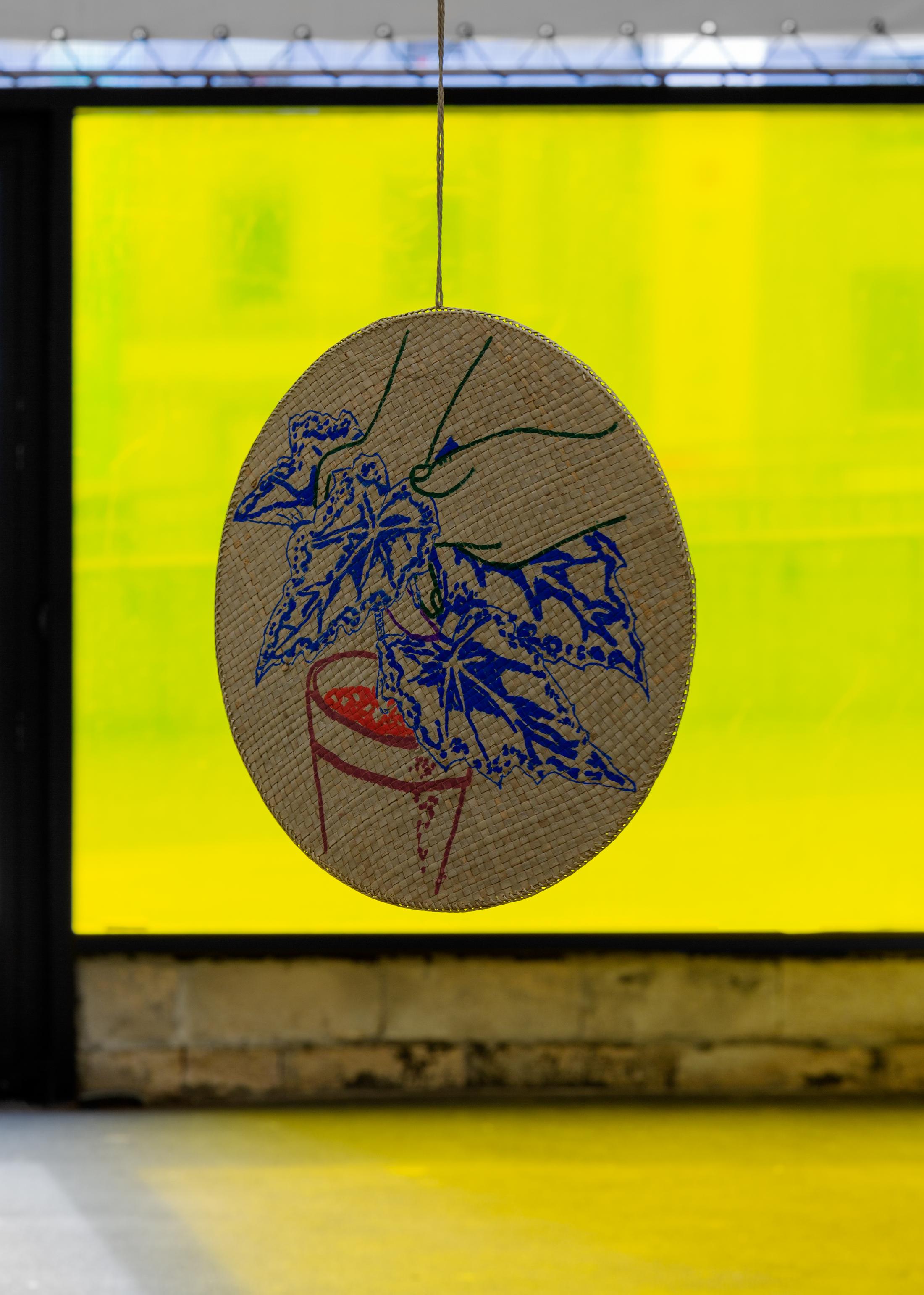 Exhibition View Group Show «Melanie Akeret, Luana Cardinaux and Sergio Rojas Chaves; view on Sergio Rojas Chaves, The Complete Indoor Gardener (Detail), 2023, Palm petate, bamboo, string, acrylic paint» at Bad Posture, Lausanne, 2023 / Photo: Théa Giglio / Courtesy: the artists and Bad Posture