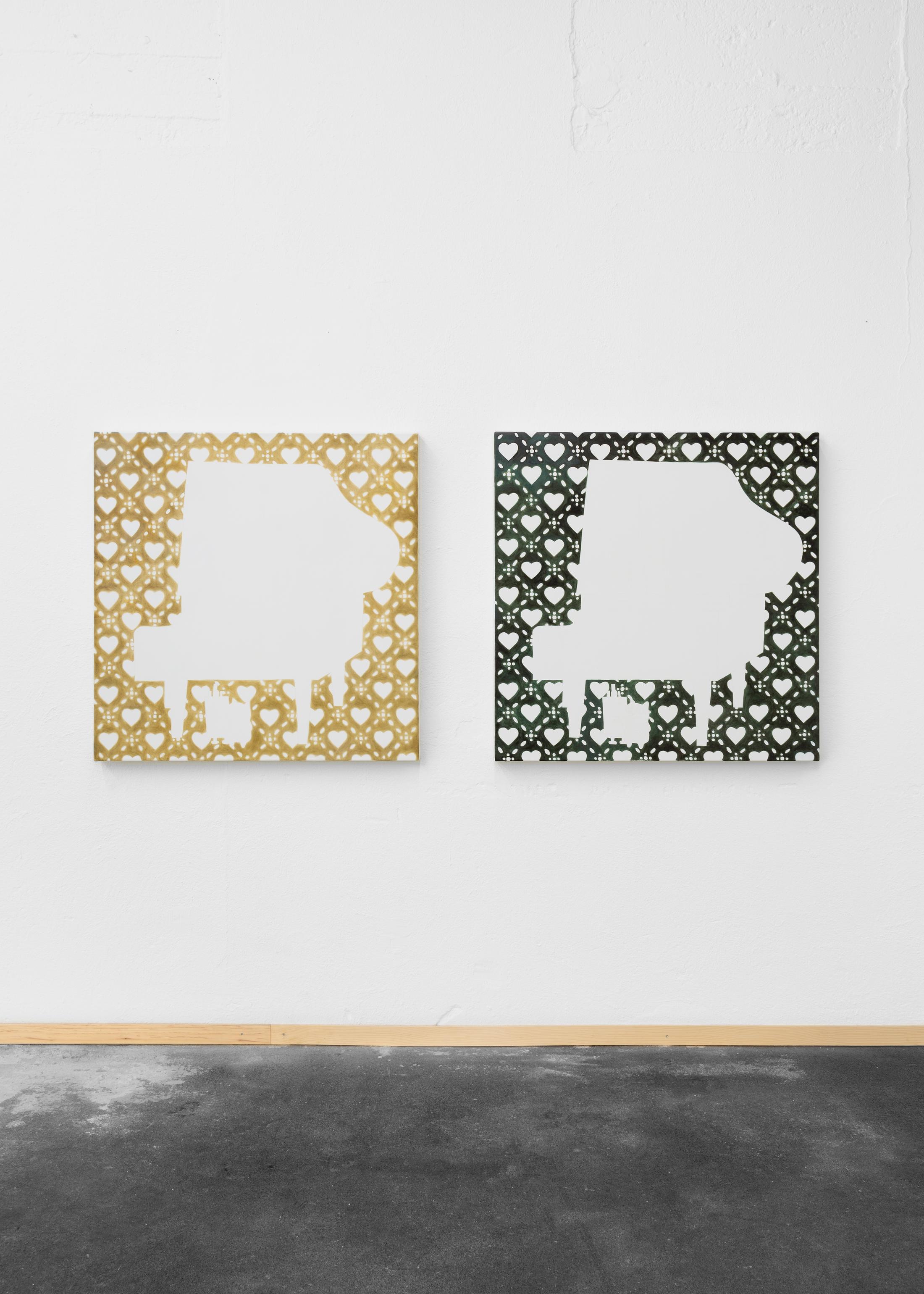 Exhibition View Group Show «Melanie Akeret, Luana Cardinaux and Sergio Rojas Chaves; view on Melanie Akeret, She Piano & Girls at the Piano, 2023, Acrylic, oil and colored pencil on canvas, 95 × 95 cm» at Bad Posture, Lausanne, 2023 / Photo: Théa Giglio / Courtesy: the artists and Bad Posture