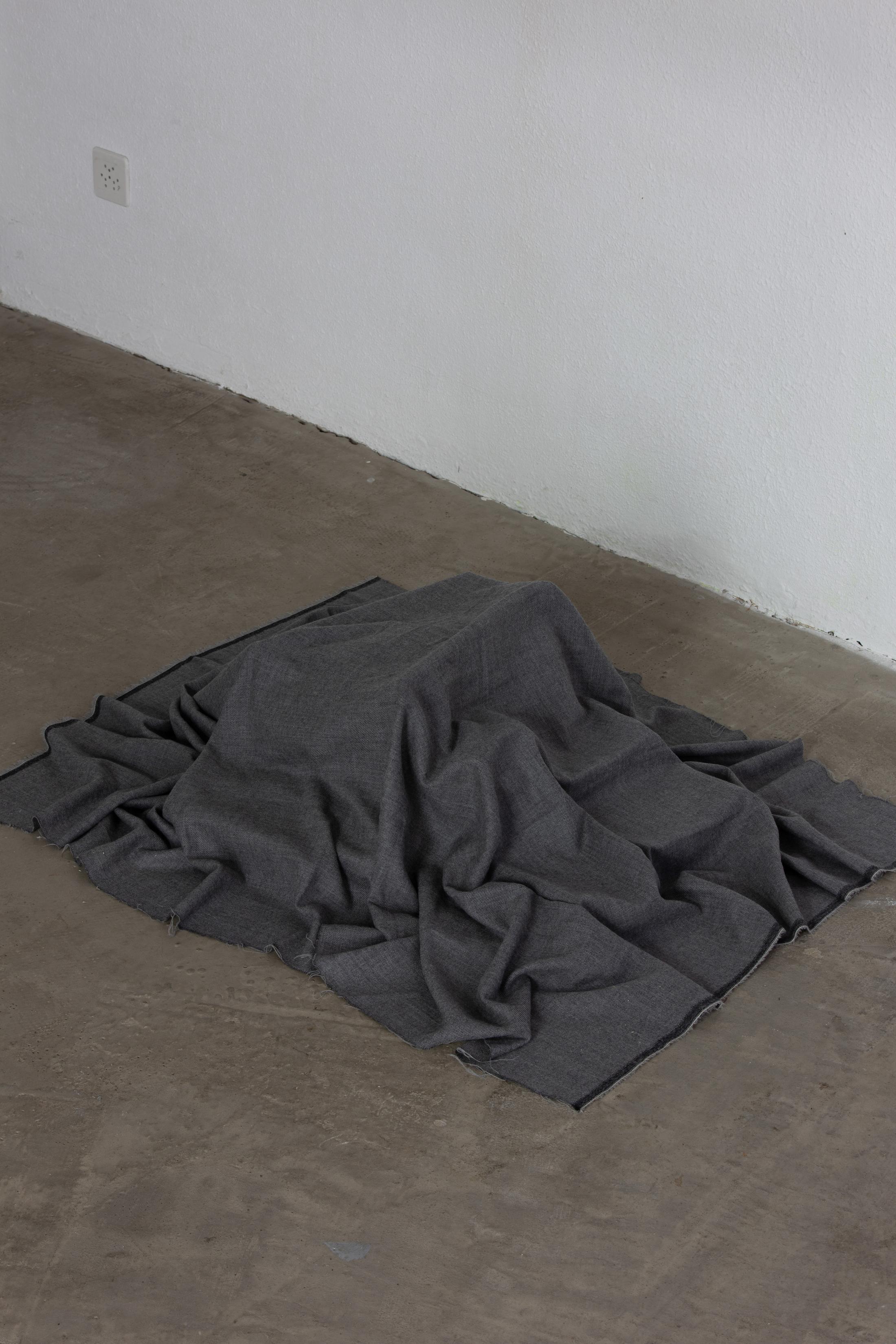 Exhibition View Group Show «Memory Mold; view on Luca Büchler, Untitled, 2024, Fabric, artworks found at Hamlet by Sven Gex, Leevi Toija, Bleed, Dominic Michel, Benedikt Bock, Virginia Ariu, Vinzenz Meyner, Johanna Kotlaris, Lea Rüegg» at Hamlet, Zurich, 2024 / Photo: Leevi Toija / Courtesy: the artists and Hamlet