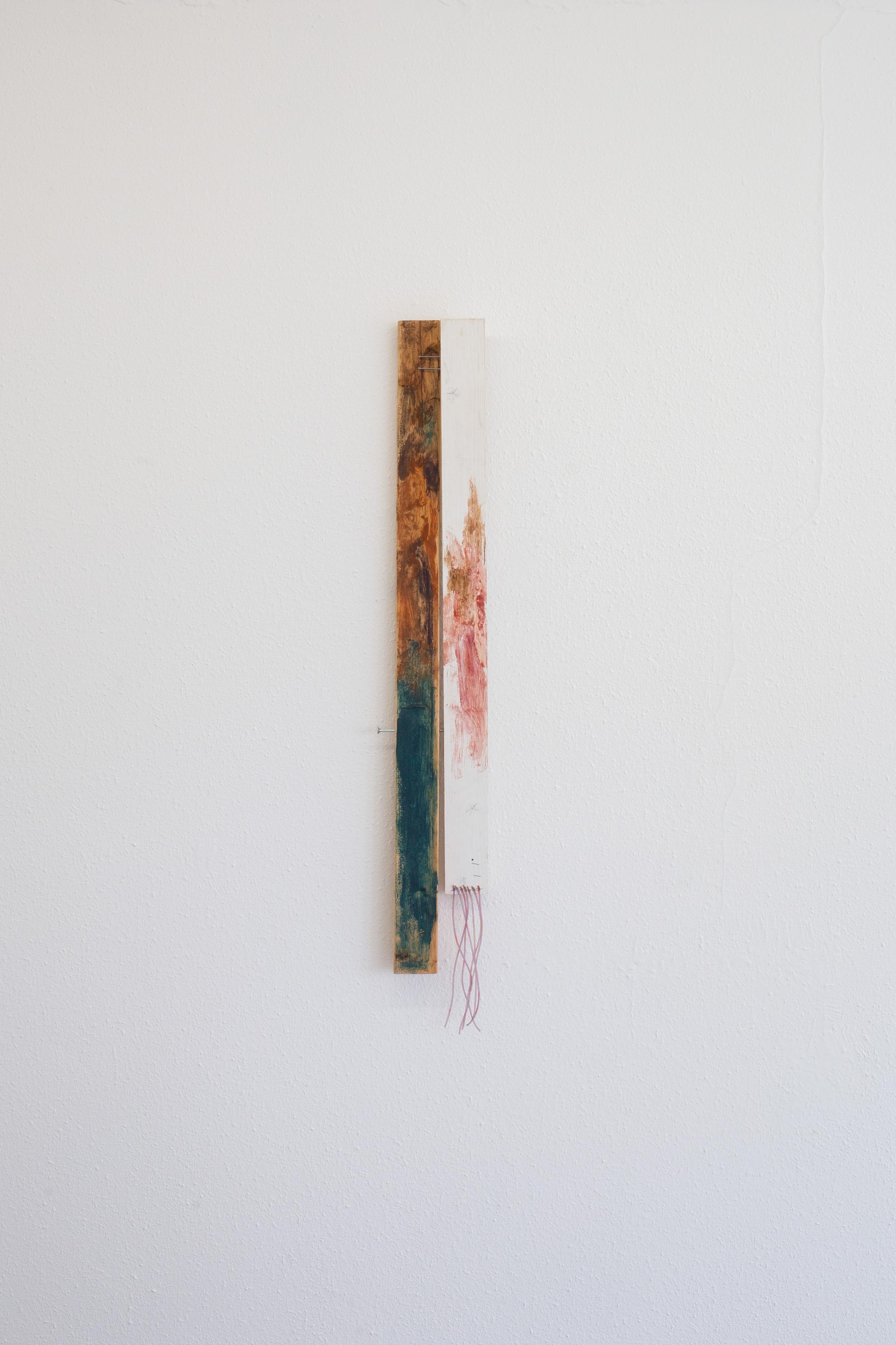 Exhibition View Group Show «Memory Mold; view on Tamara Vepkhvadze, Untitled, 2024, wood, nailpolish, pigments, silicone tube, screw, nails, varnish» at Hamlet, Zurich, 2024 / Photo: Leevi Toija / Courtesy: the artists and Hamlet