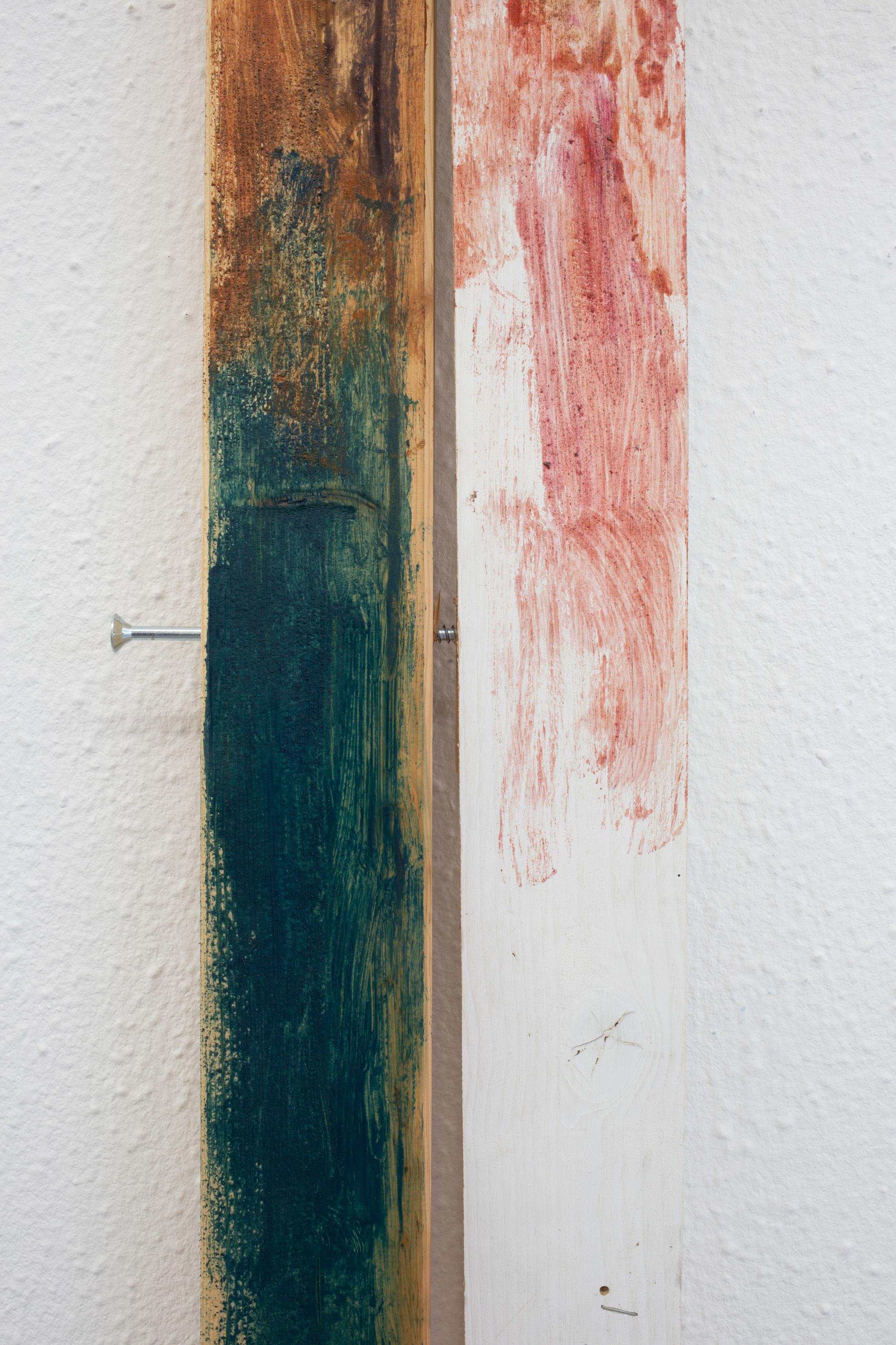 Exhibition View Group Show «Memory Mold; view on Tamara Vepkhvadze, Untitled, 2024, wood, nailpolish, pigments, silicone tube, screw, nails, varnish» at Hamlet, Zurich, 2024 / Photo: Leevi Toija / Courtesy: the artists and Hamlet