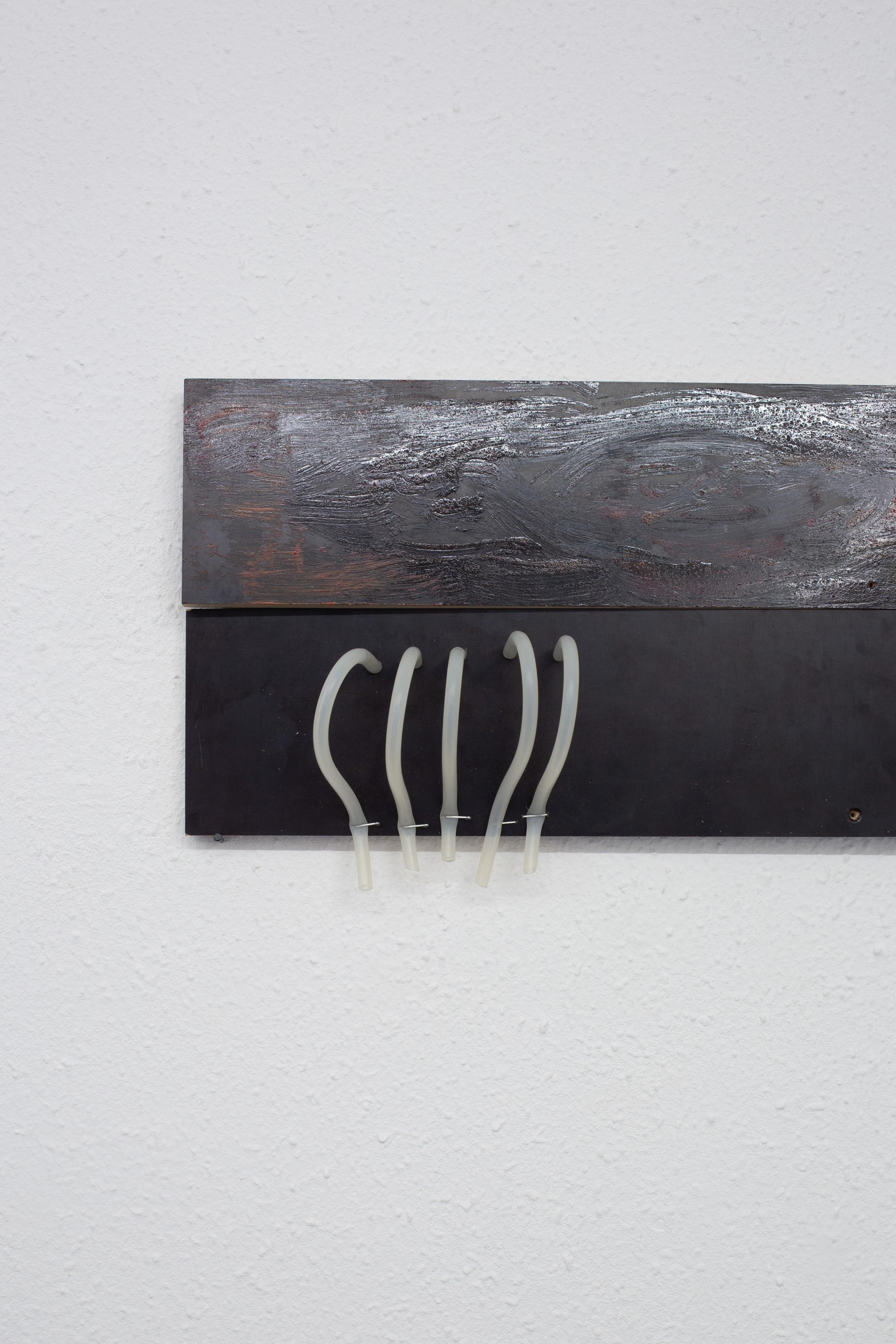 Exhibition View Group Show «Memory Mold; view on Tamara Vepkhvadze, Untitled, 2024, wood, nailpolish, pigments, silicone tube, staples, nails, varnish» at Hamlet, Zurich, 2024 / Photo: Leevi Toija / Courtesy: the artists and Hamlet